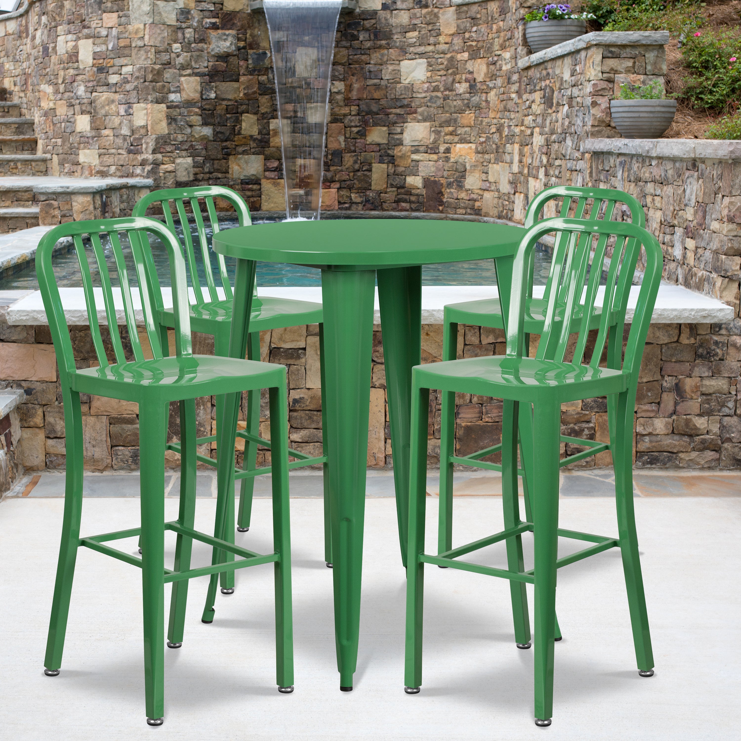 Commercial Grade 30" Round Metal Indoor-Outdoor Bar Table Set with 4 Vertical Slat Back Stools-Indoor/Outdoor Dining Sets-Flash Furniture-Wall2Wall Furnishings