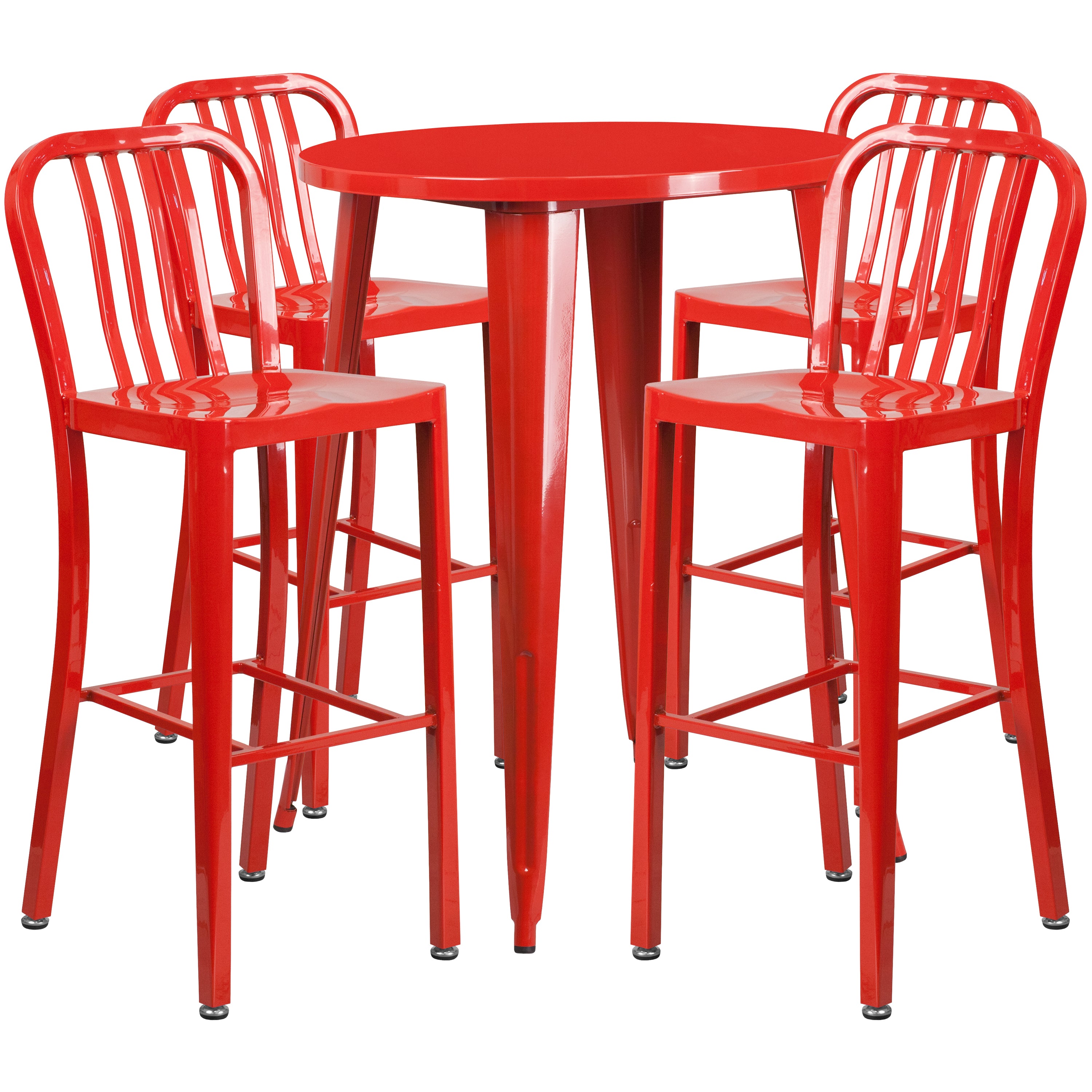 Commercial Grade 30" Round Metal Indoor-Outdoor Bar Table Set with 4 Vertical Slat Back Stools-Indoor/Outdoor Dining Sets-Flash Furniture-Wall2Wall Furnishings