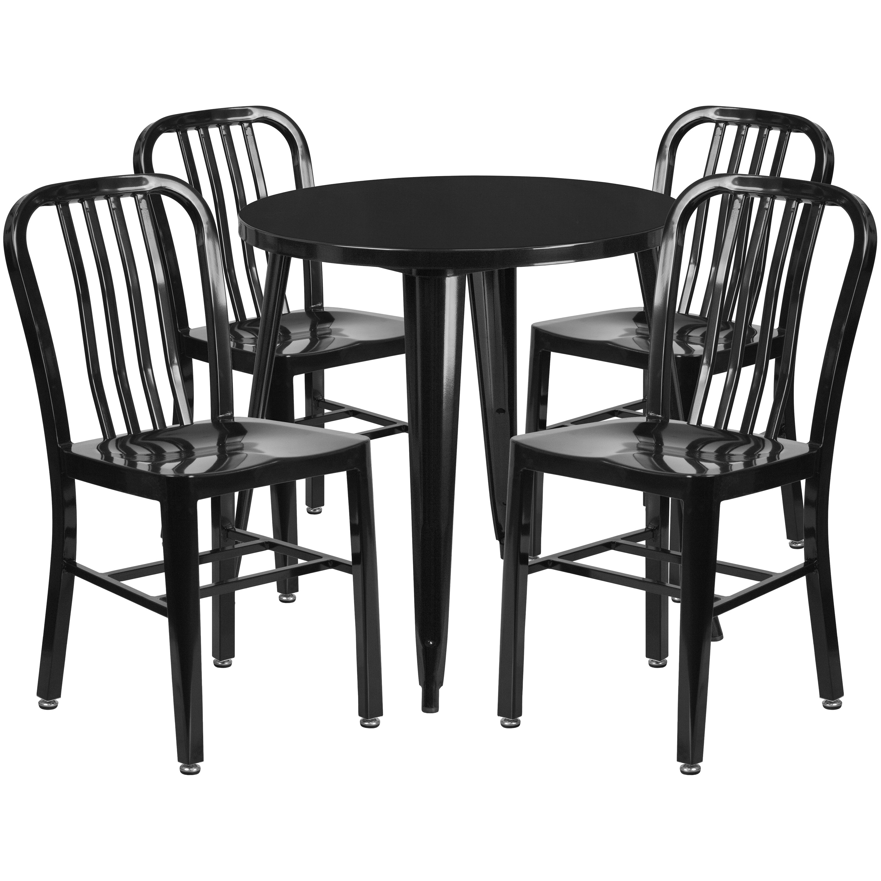 Commercial Grade 30" Round Metal Indoor-Outdoor Table Set with 4 Vertical Slat Back Chairs-Indoor/Outdoor Dining Sets-Flash Furniture-Wall2Wall Furnishings