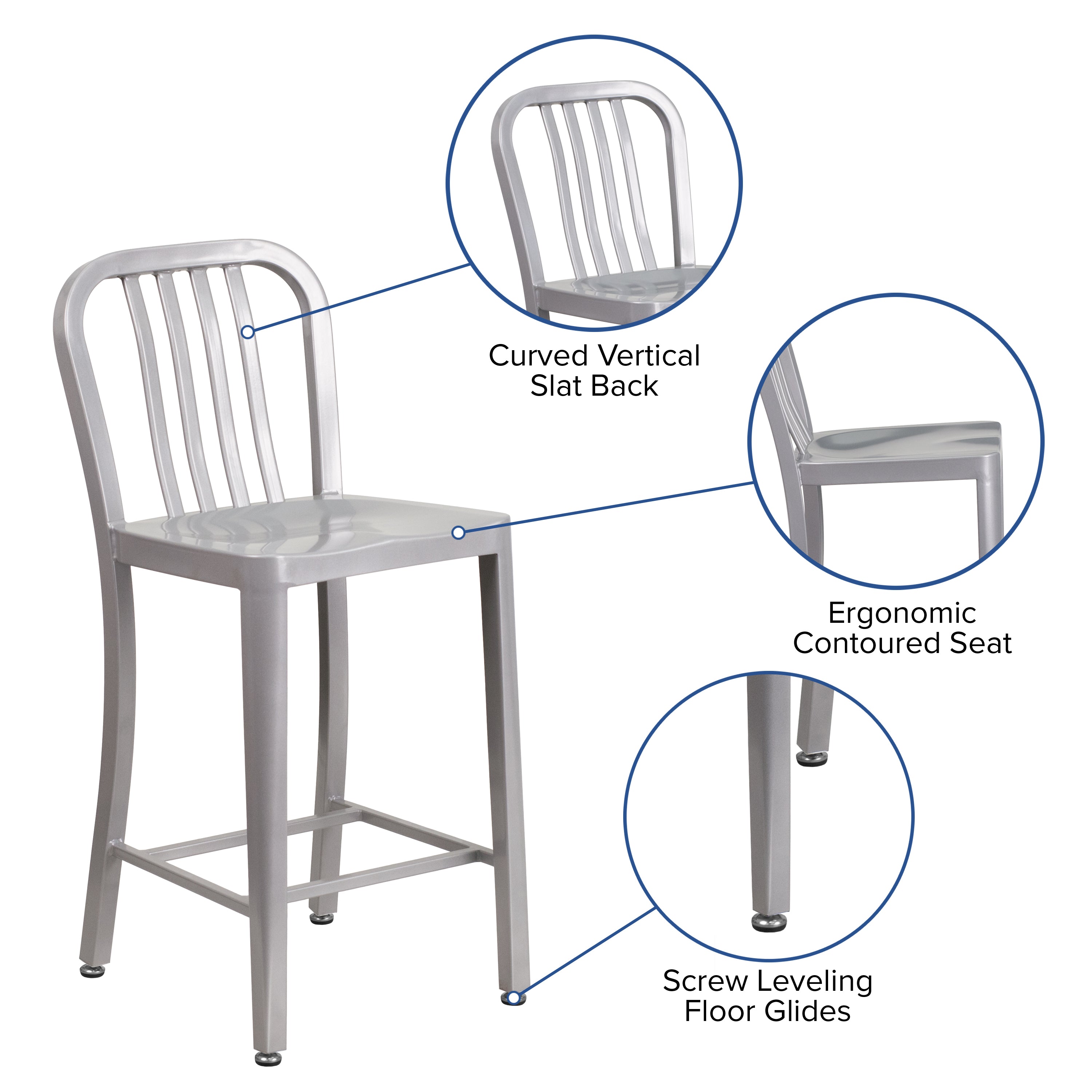 Commercial Grade 24" High Metal Indoor-Outdoor Counter Height Stool with Vertical Slat Back-Indoor/Outdoor Bar Stool-Flash Furniture-Wall2Wall Furnishings