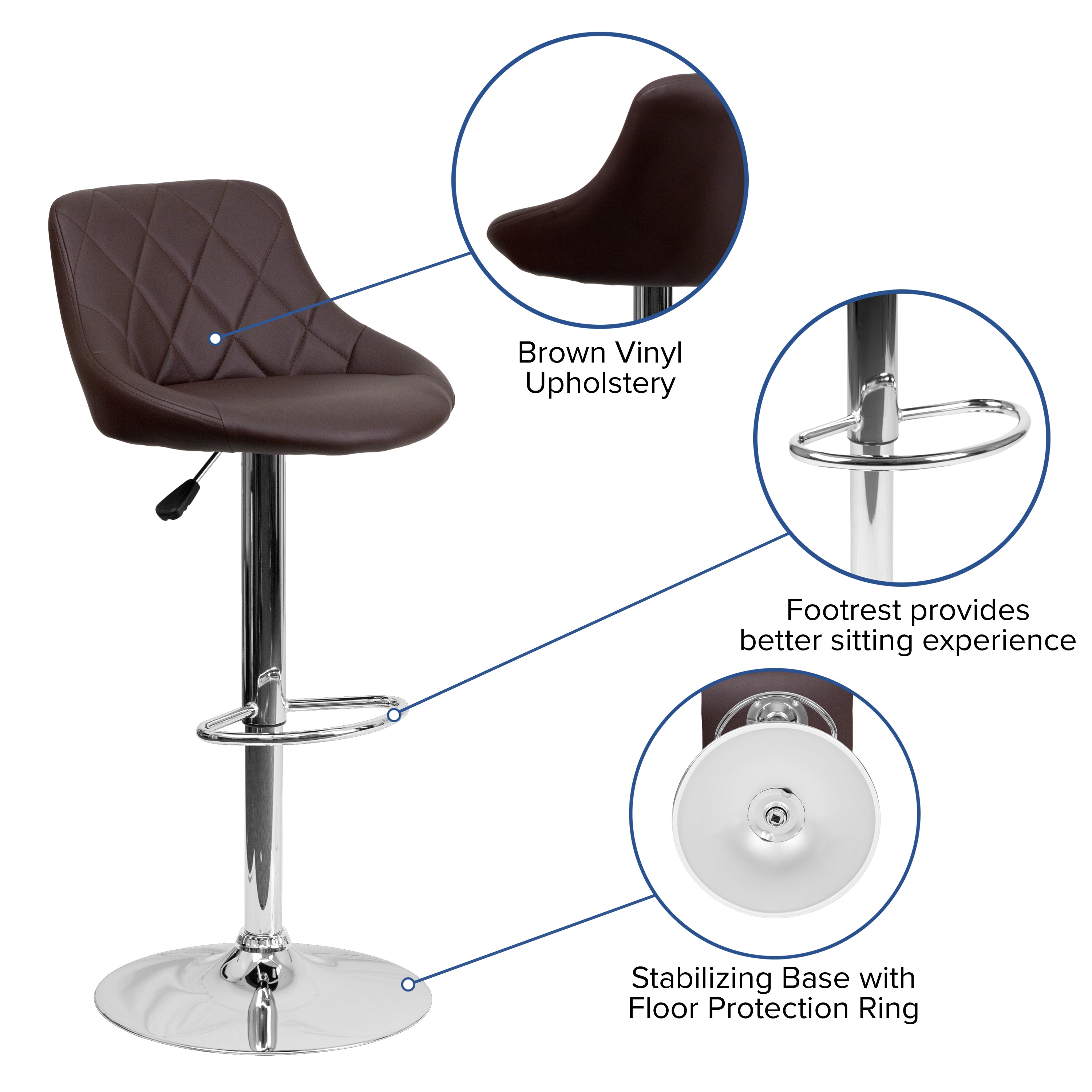 Contemporary Vinyl Bucket Seat Adjustable Height Barstool with Diamond Pattern Back and Chrome Base
