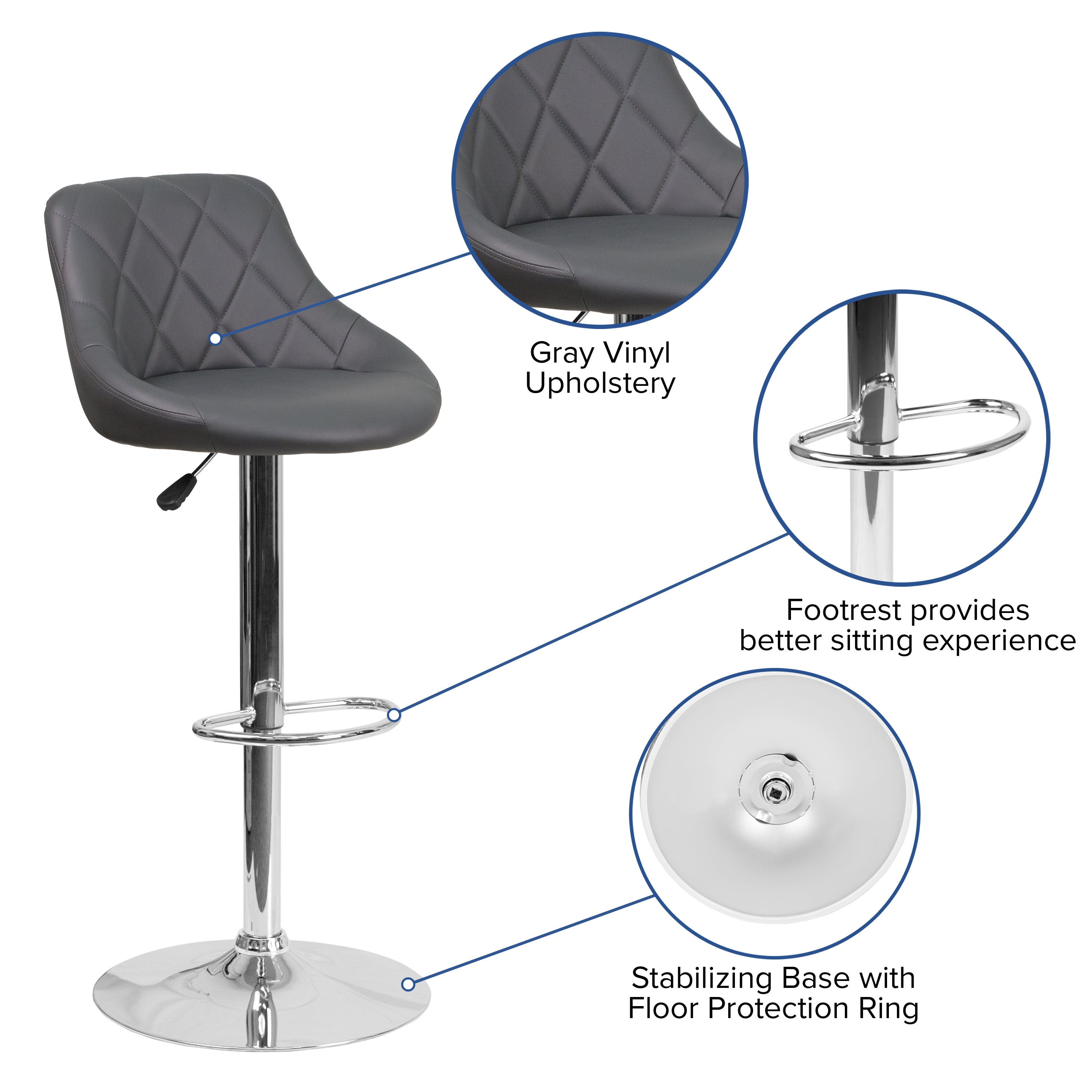 Contemporary Vinyl Bucket Seat Adjustable Height Barstool with Diamond Pattern Back and Chrome Base