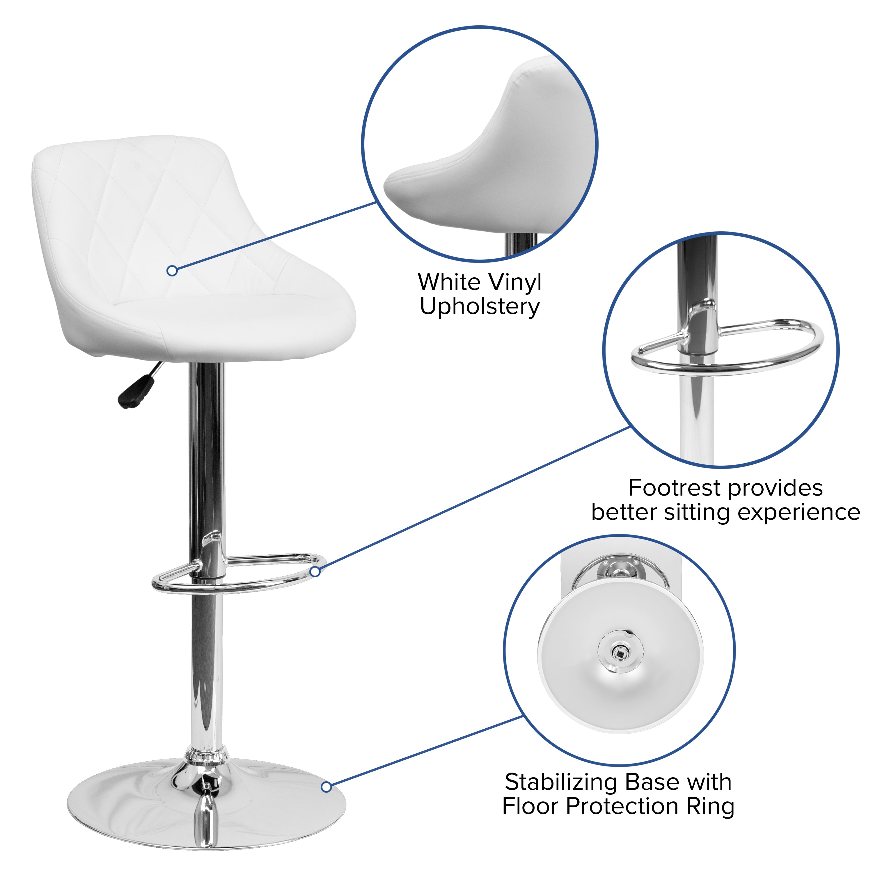 Contemporary Vinyl Bucket Seat Adjustable Height Barstool with Diamond Pattern Back and Chrome Base
