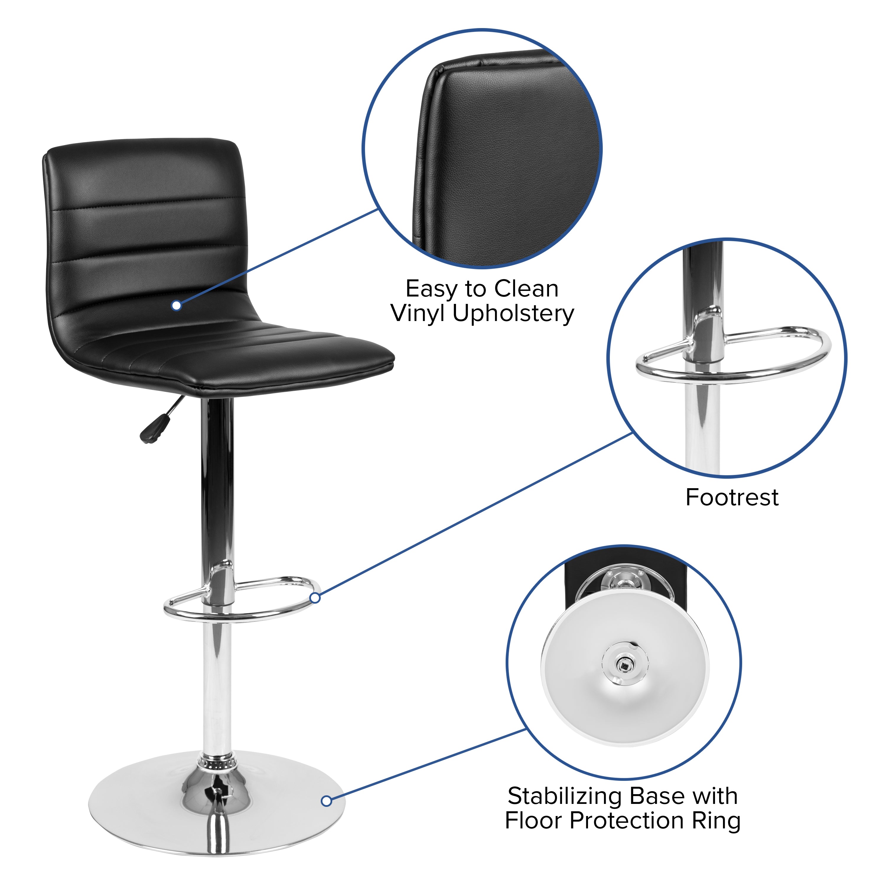 Modern Vinyl Adjustable Height Barstool with Back, Swivel Stool with Pedestal Base and Footrest