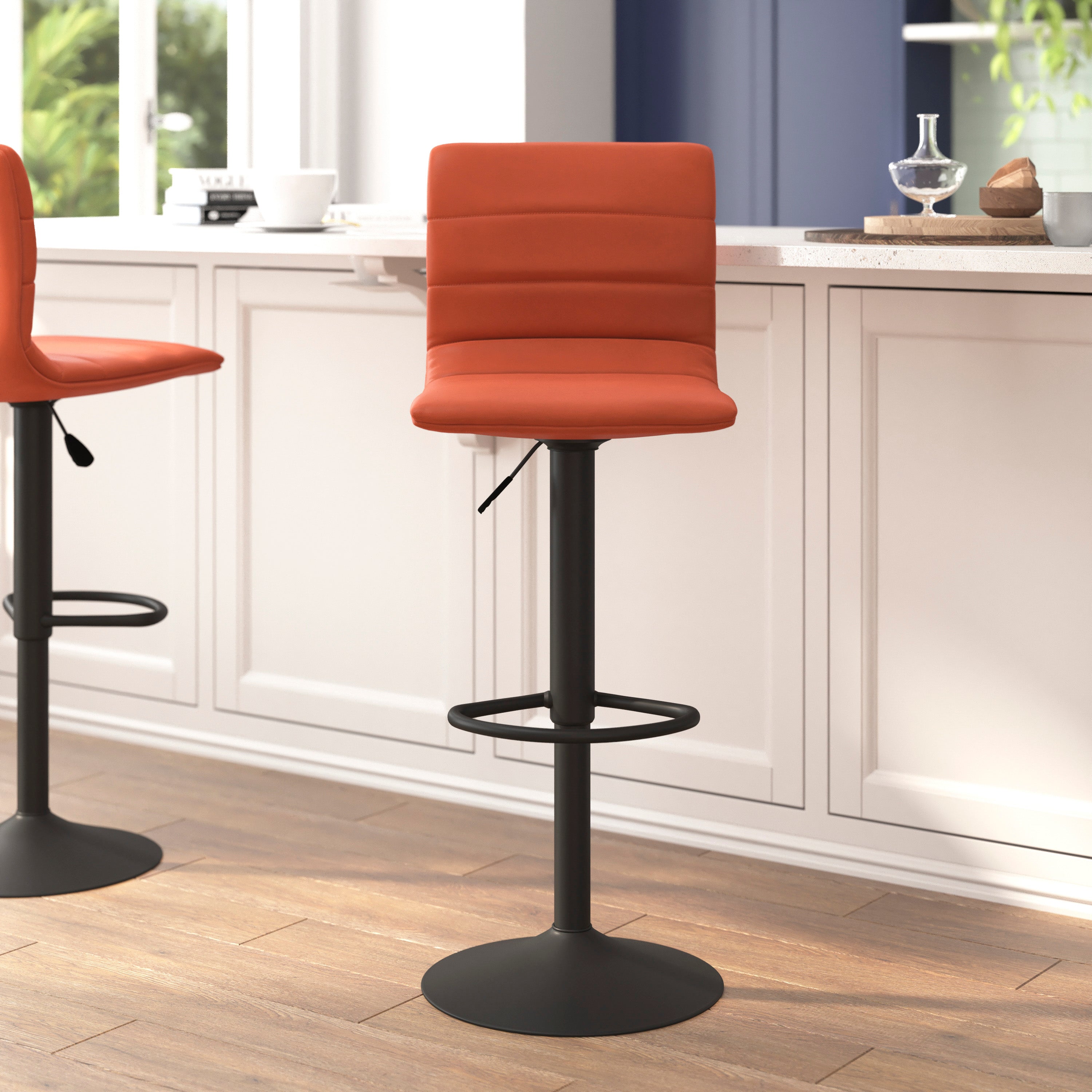 Modern Vinyl Adjustable Height Barstool with Back, Swivel Stool with Pedestal Base and Footrest