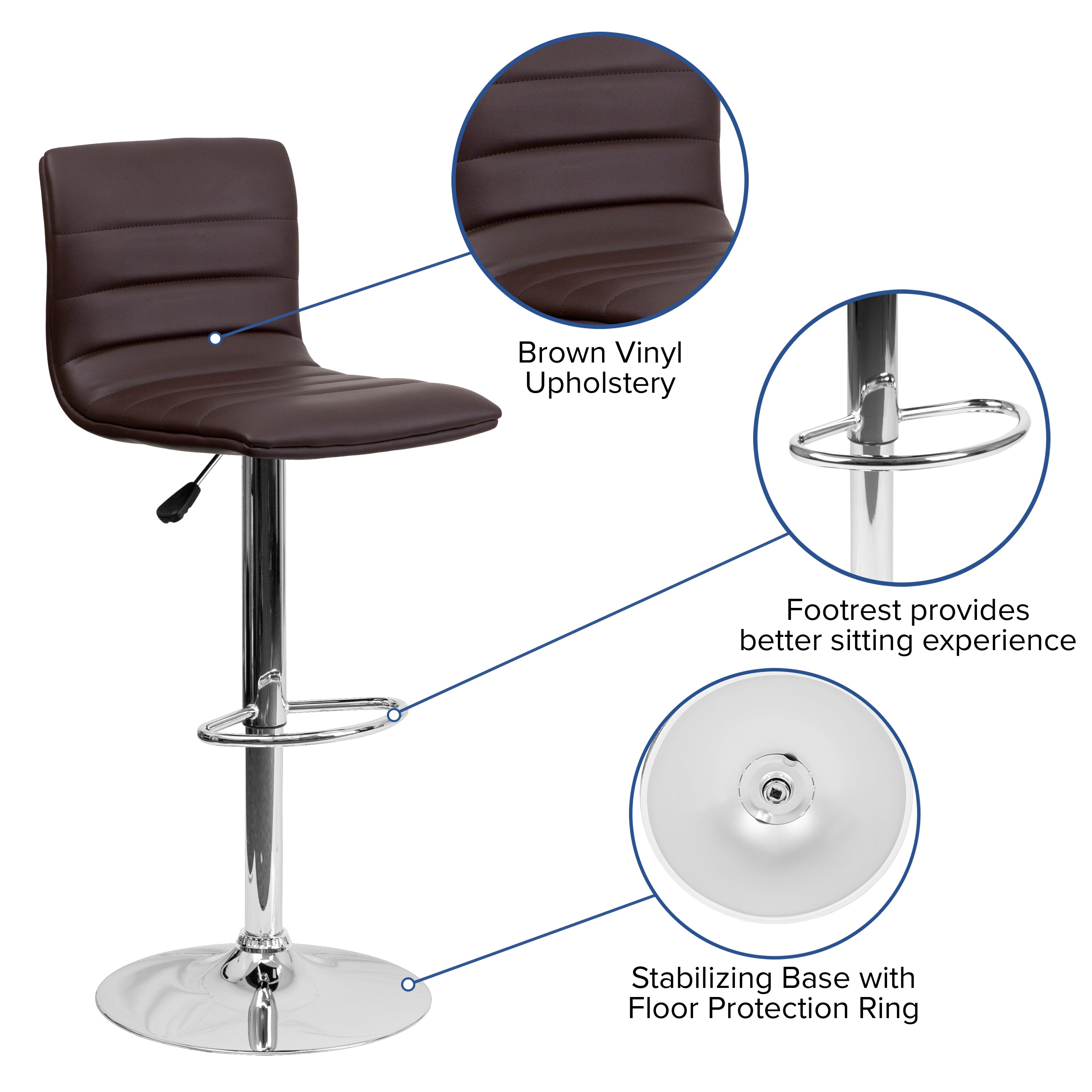 Modern Vinyl Adjustable Height Barstool with Back, Swivel Stool with Pedestal Base and Footrest
