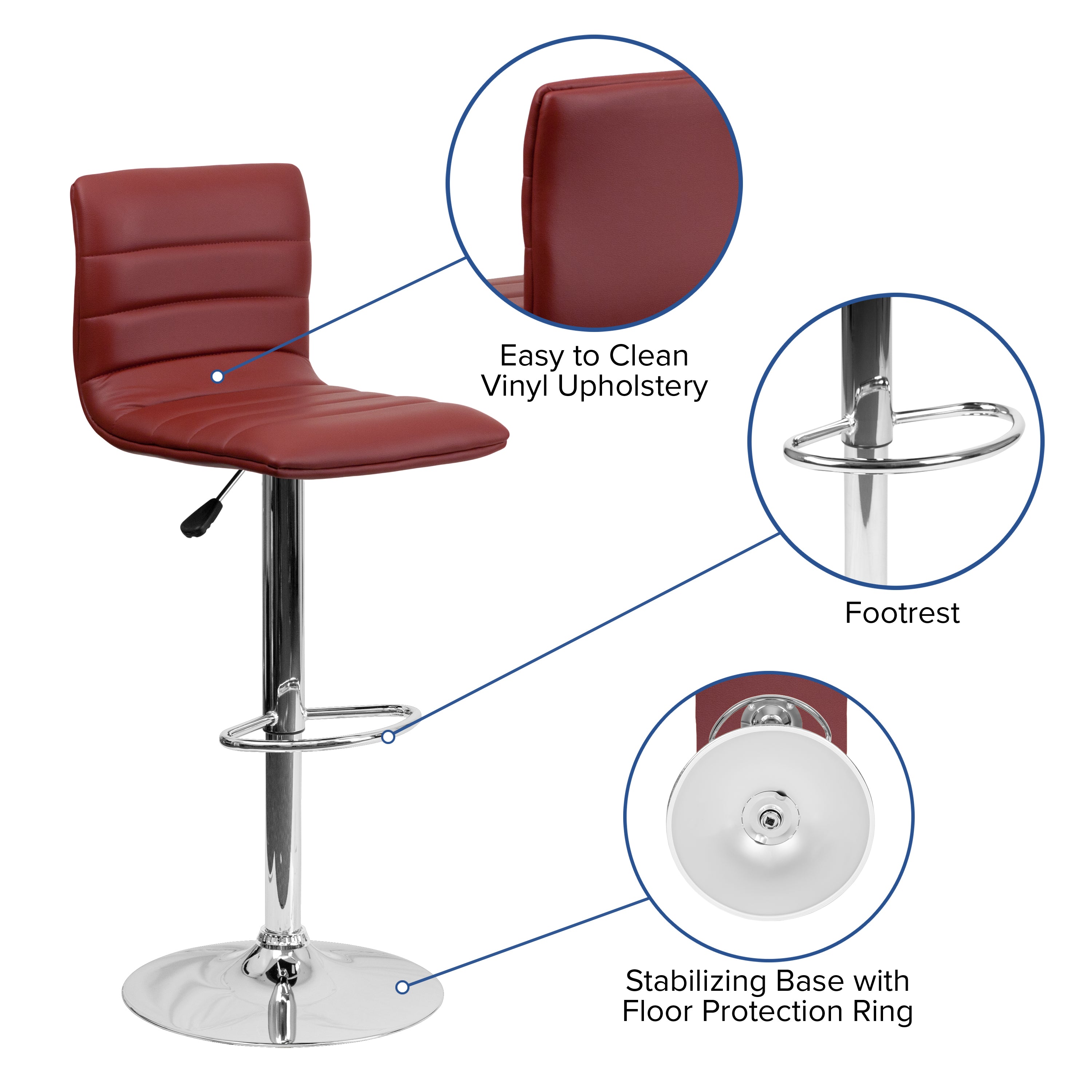 Modern Vinyl Adjustable Height Barstool with Back, Swivel Stool with Pedestal Base and Footrest