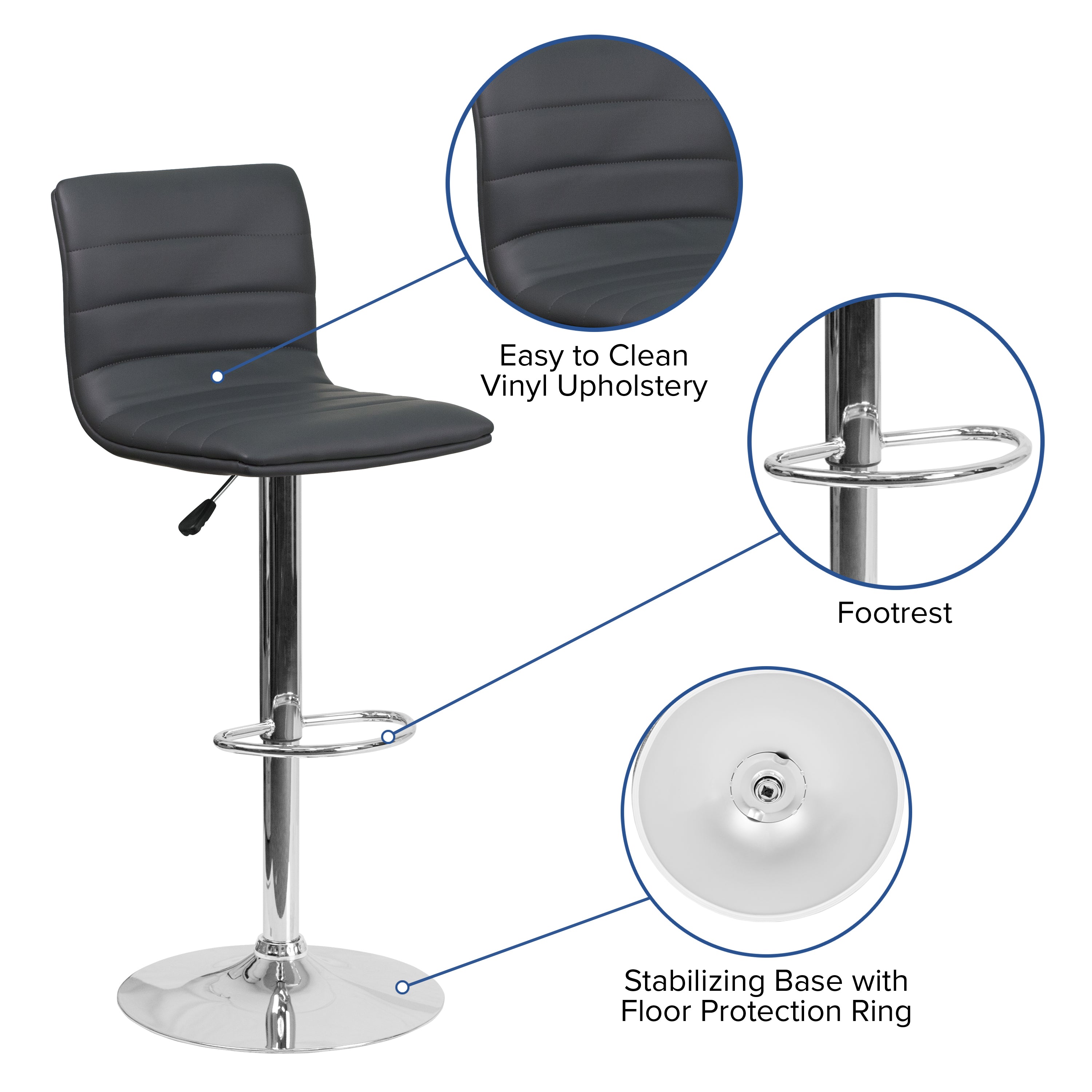 Modern Vinyl Adjustable Height Barstool with Back, Swivel Stool with Pedestal Base and Footrest