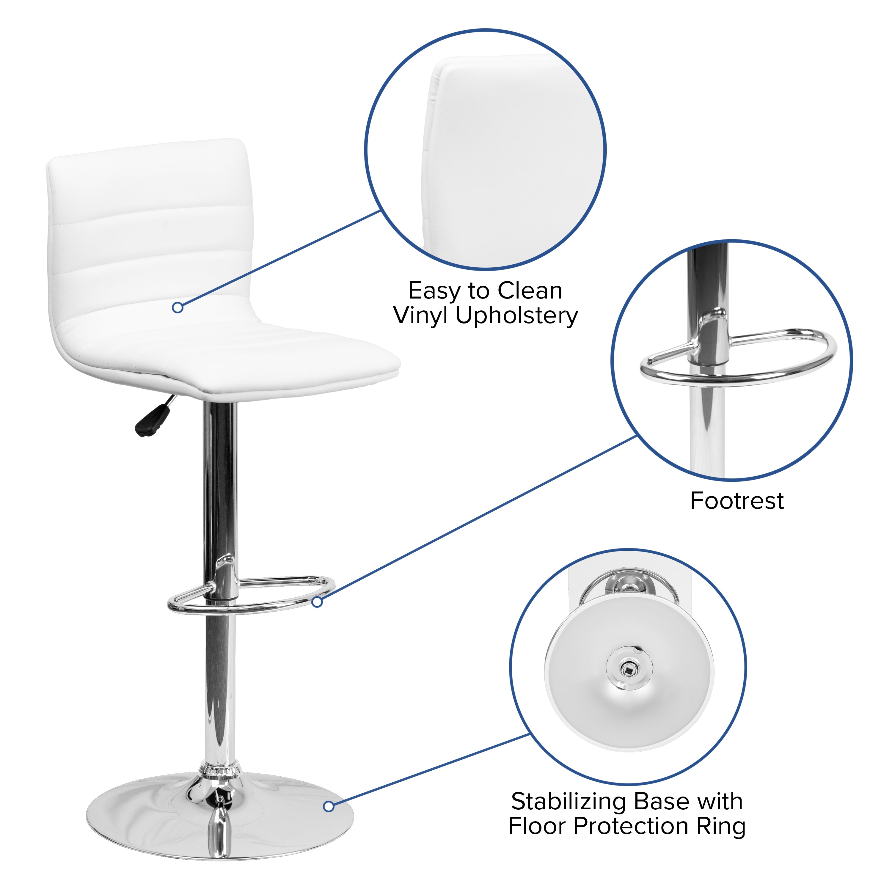 Modern Vinyl Adjustable Height Barstool with Back, Swivel Stool with Pedestal Base and Footrest