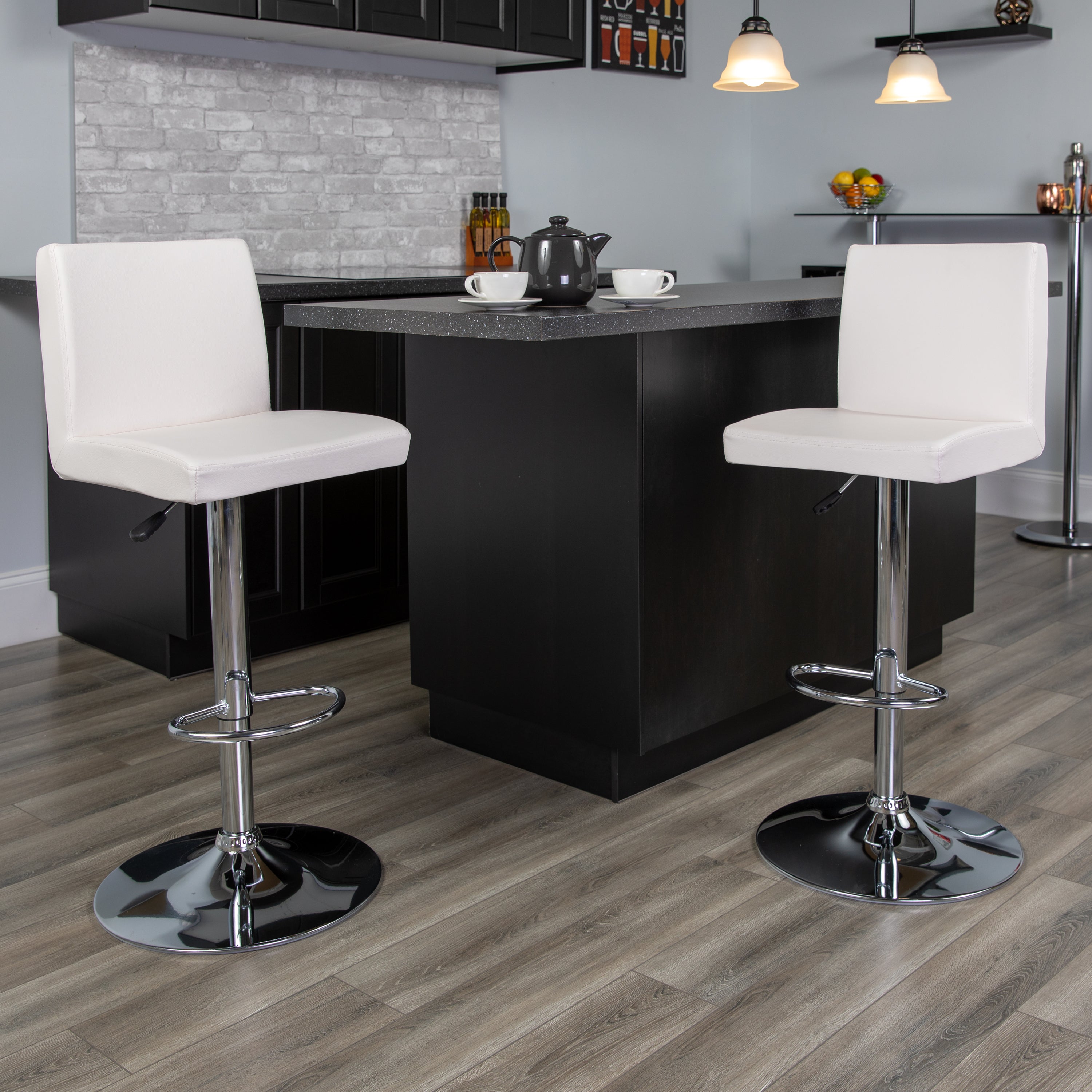 Contemporary Vinyl Adjustable Height Barstool with Panel Back and Chrome Base