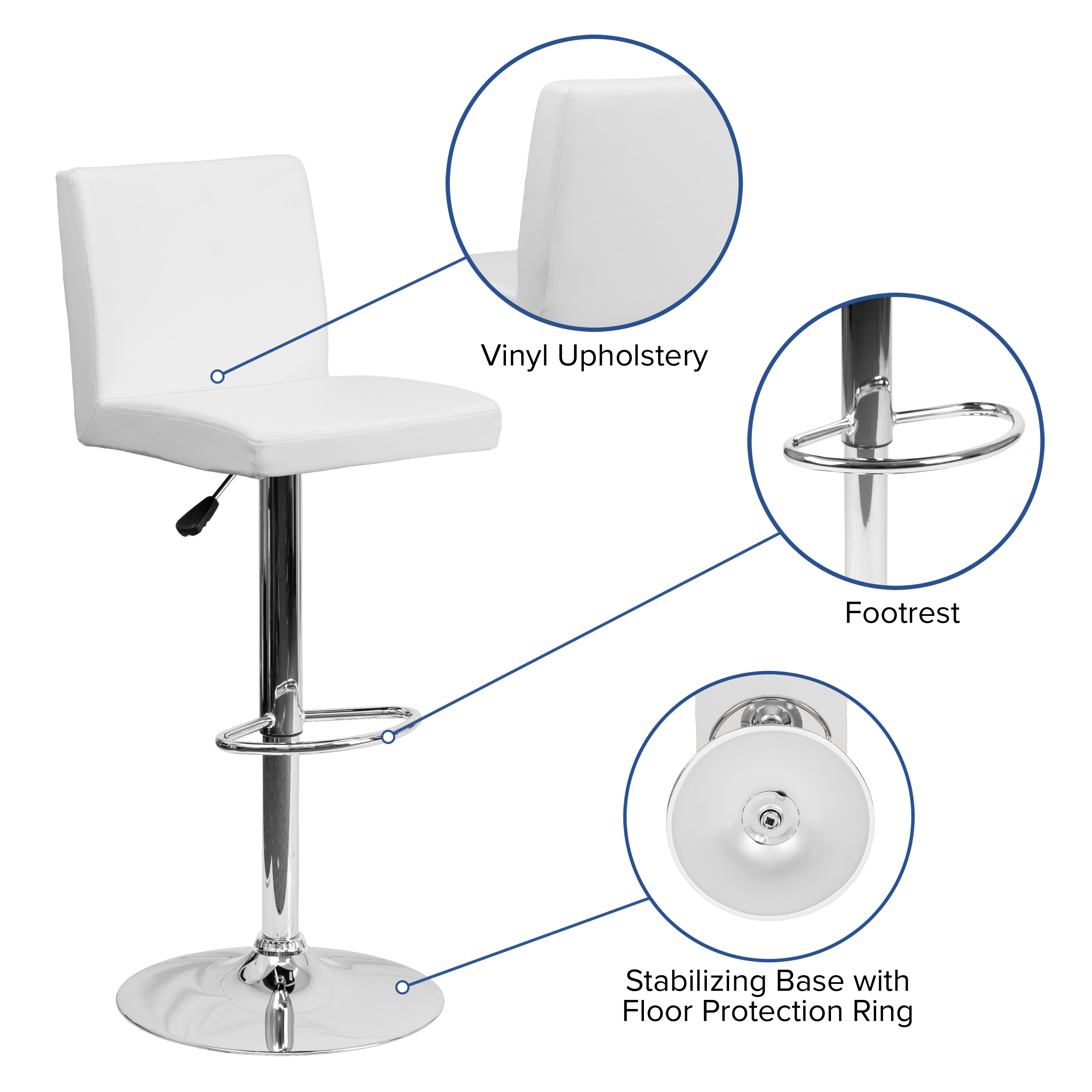 Contemporary Vinyl Adjustable Height Barstool with Panel Back and Chrome Base