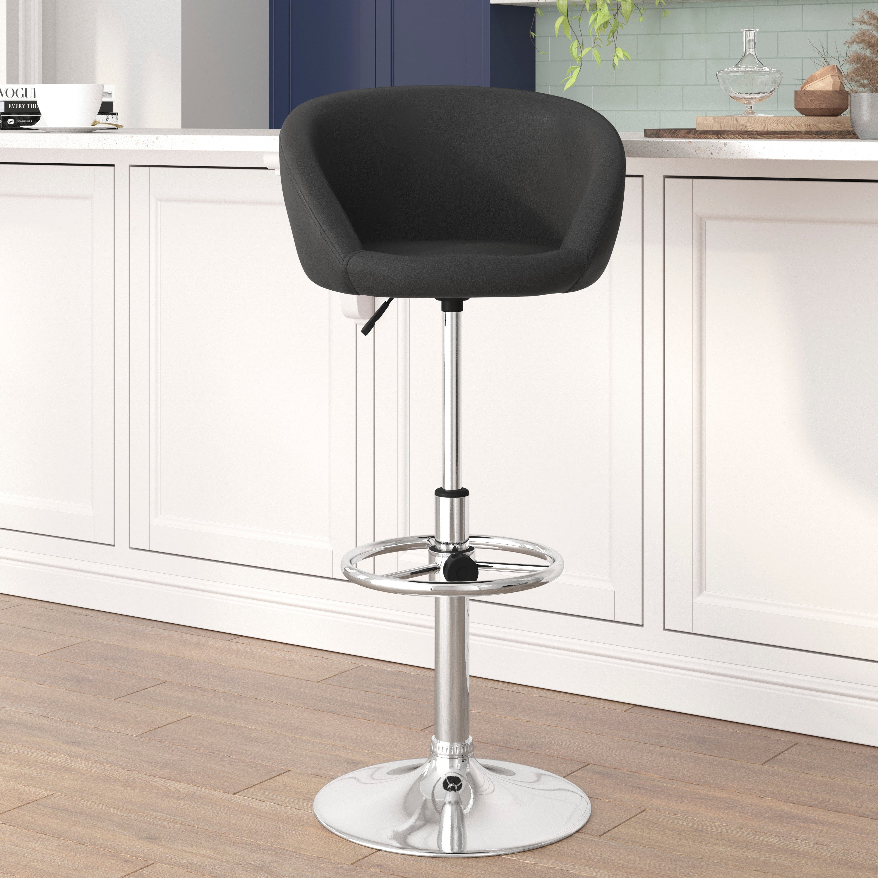 Contemporary Adjustable Height Barstool with Barrel Back and Chrome Base