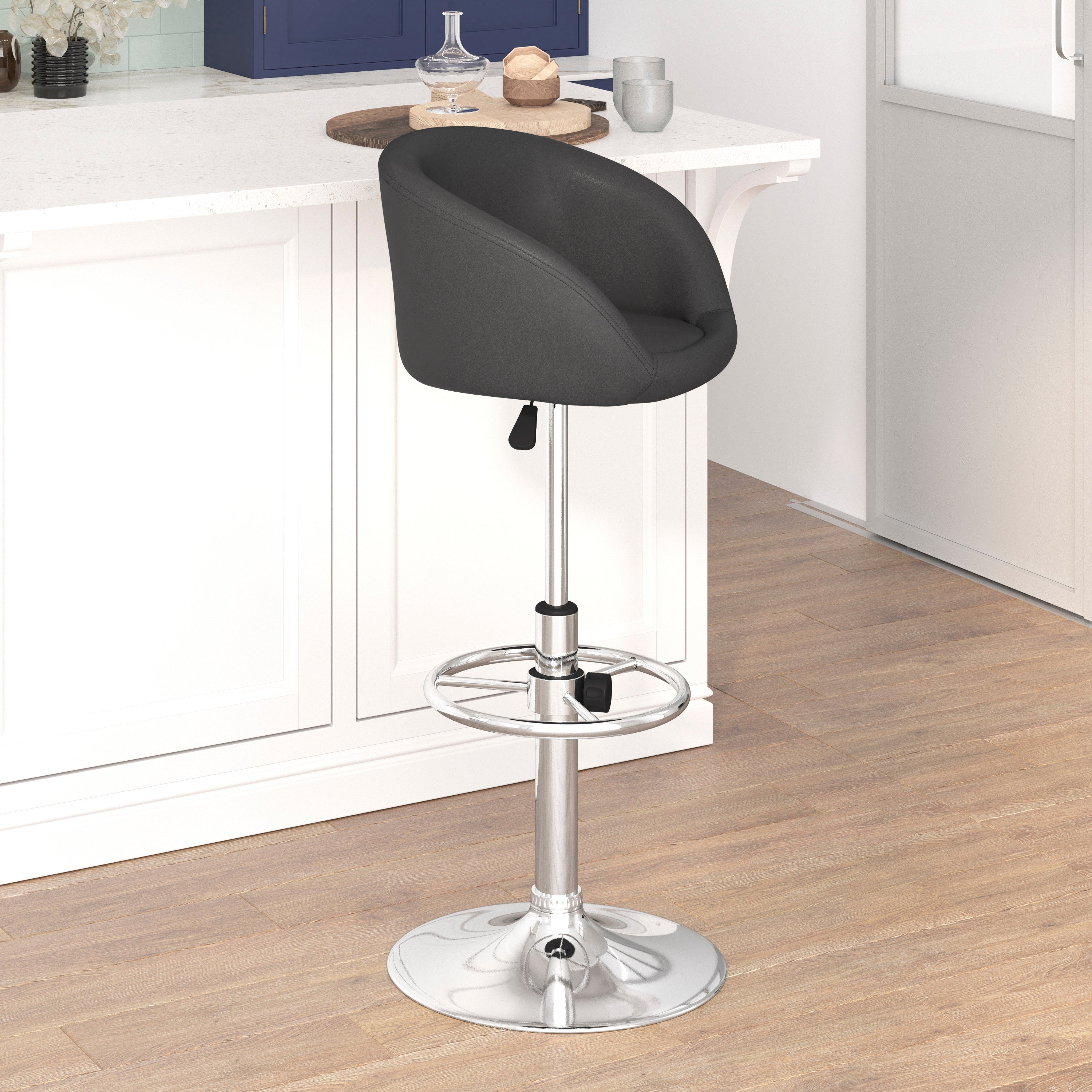 Contemporary Adjustable Height Barstool with Barrel Back and Chrome Base