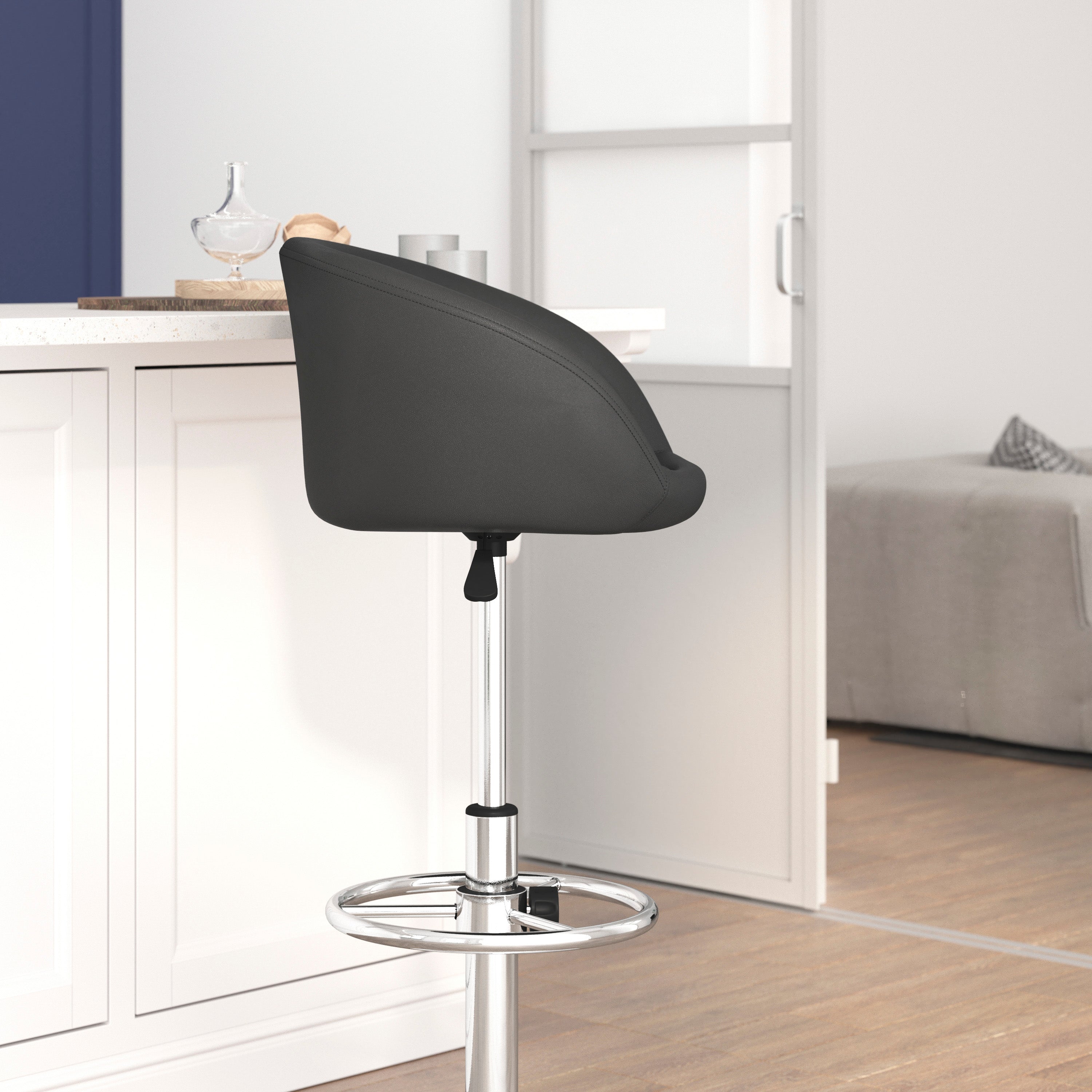 Contemporary Adjustable Height Barstool with Barrel Back and Chrome Base