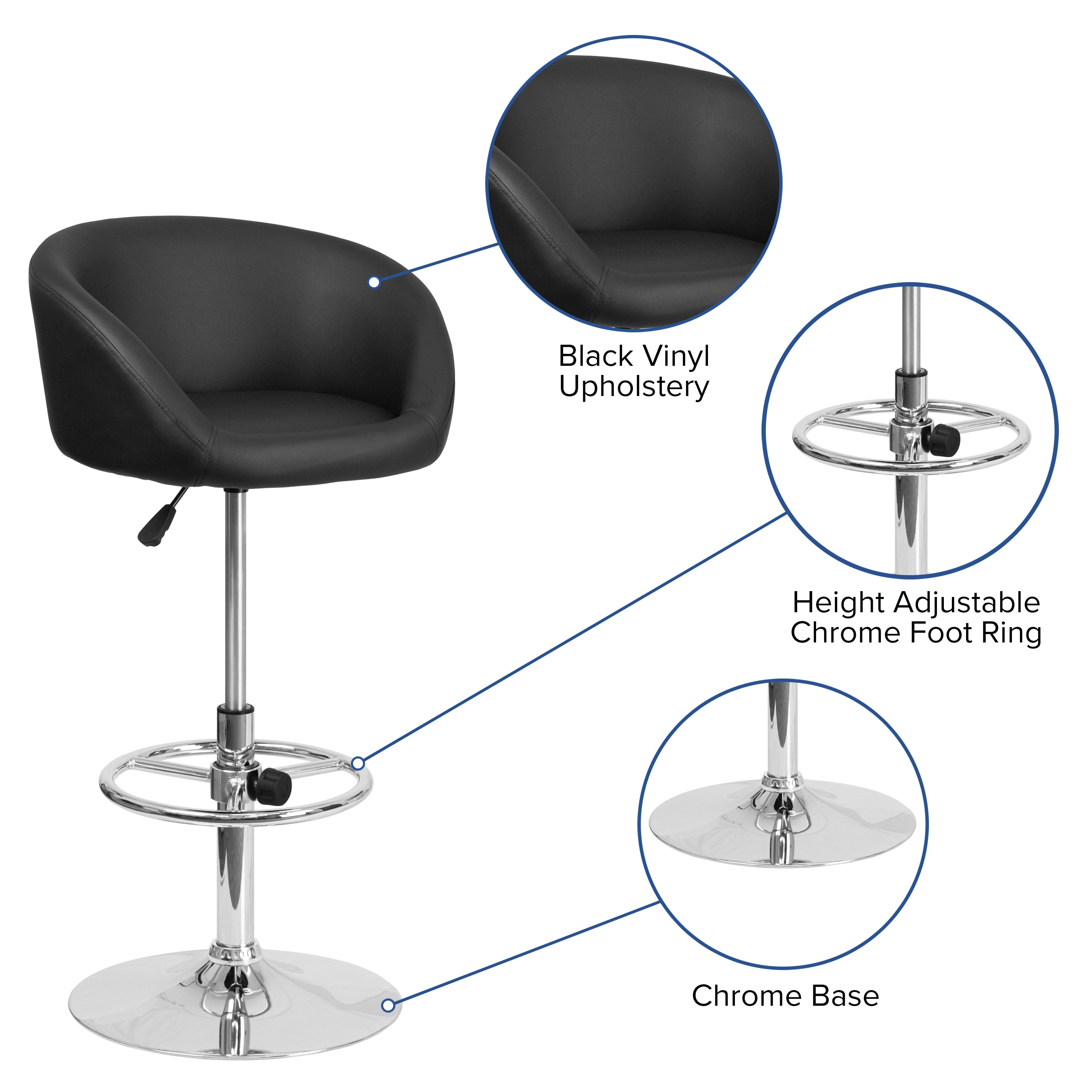 Contemporary Adjustable Height Barstool with Barrel Back and Chrome Base
