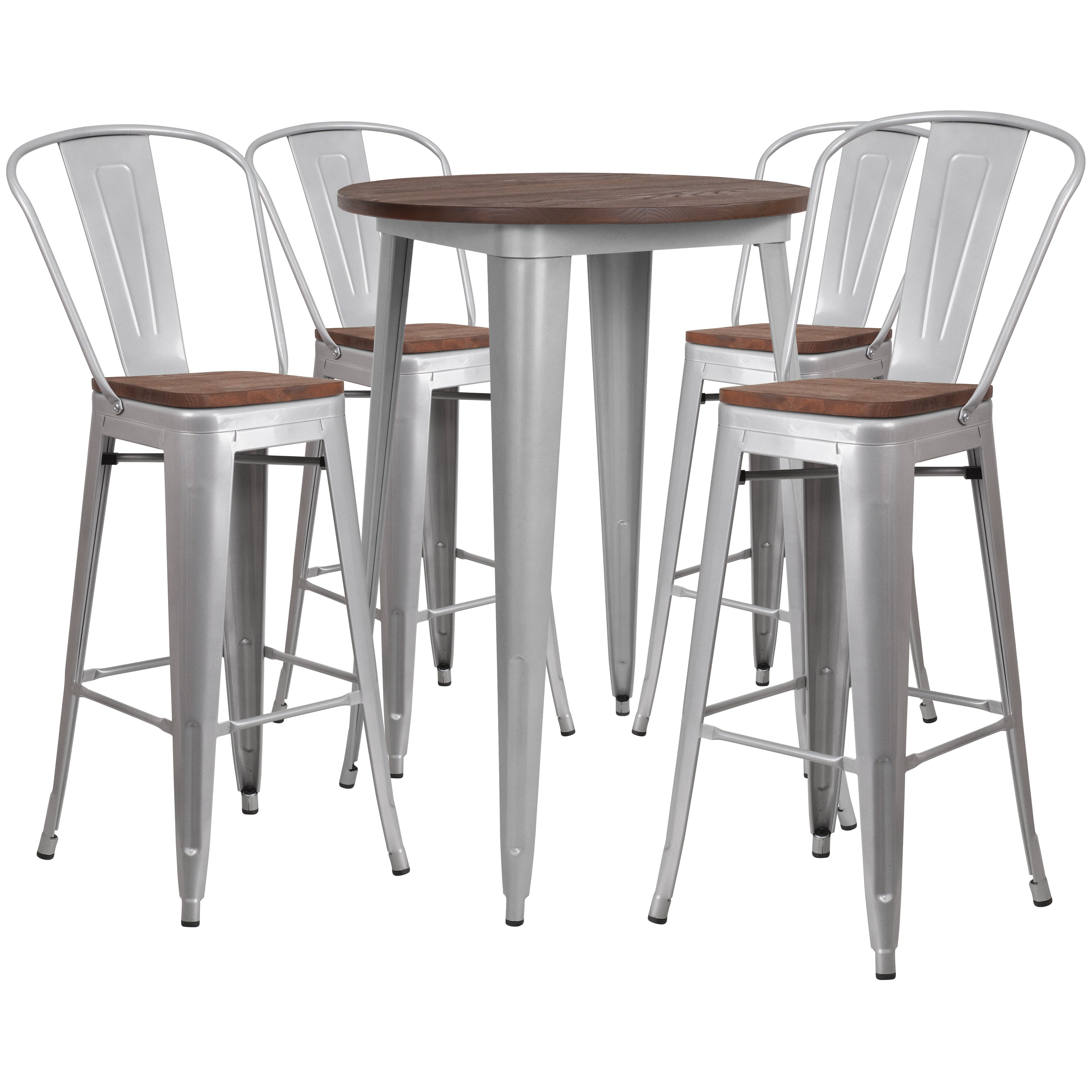 30" Round Metal Bar Table Set with Wood Top and 4 Stools-Metal/ Colorful Bar Table and Stool Set-Flash Furniture-Wall2Wall Furnishings