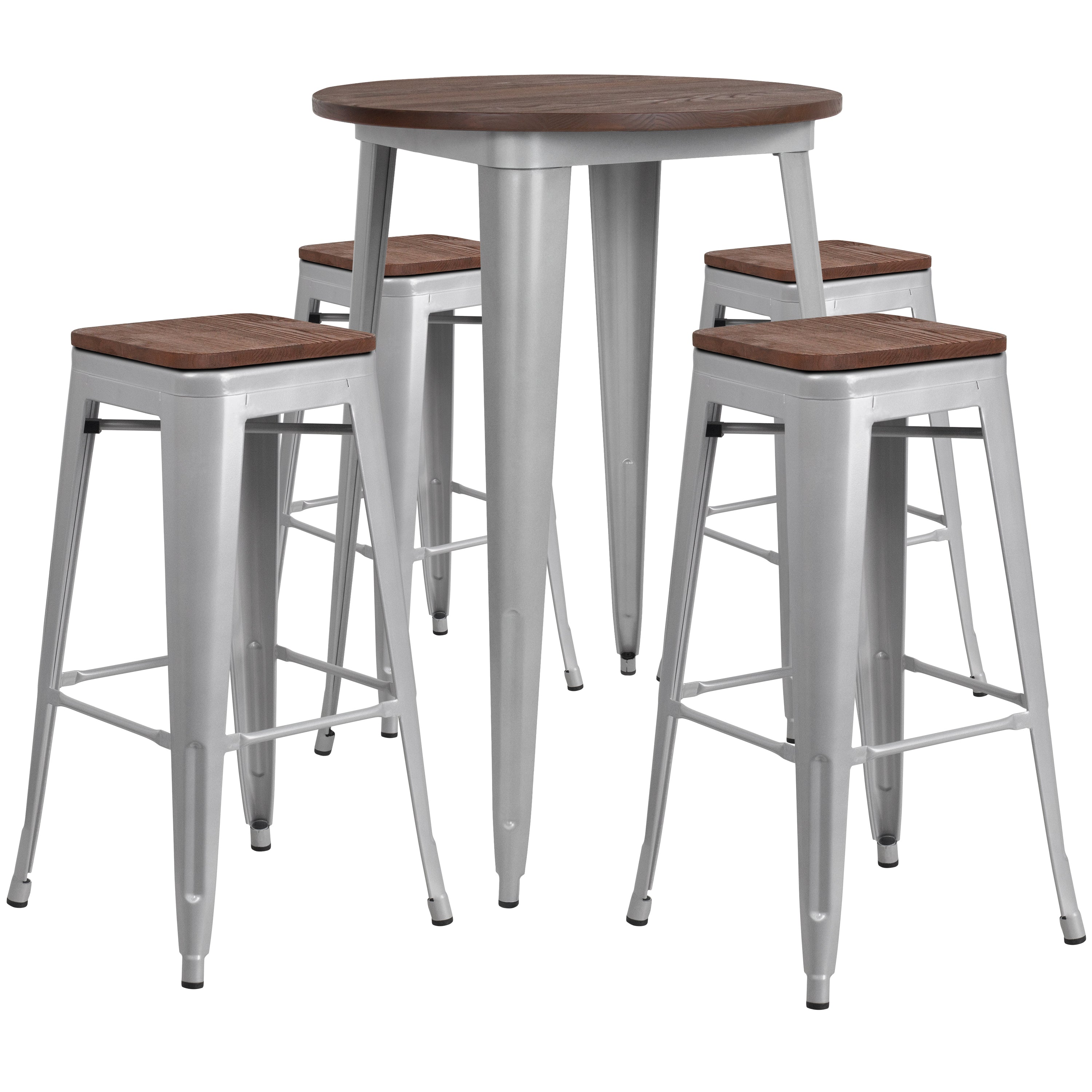 30" Round Metal Bar Table Set with Wood Top and 4 Backless Stools-Metal/ Colorful Bar Table and Stool Set-Flash Furniture-Wall2Wall Furnishings