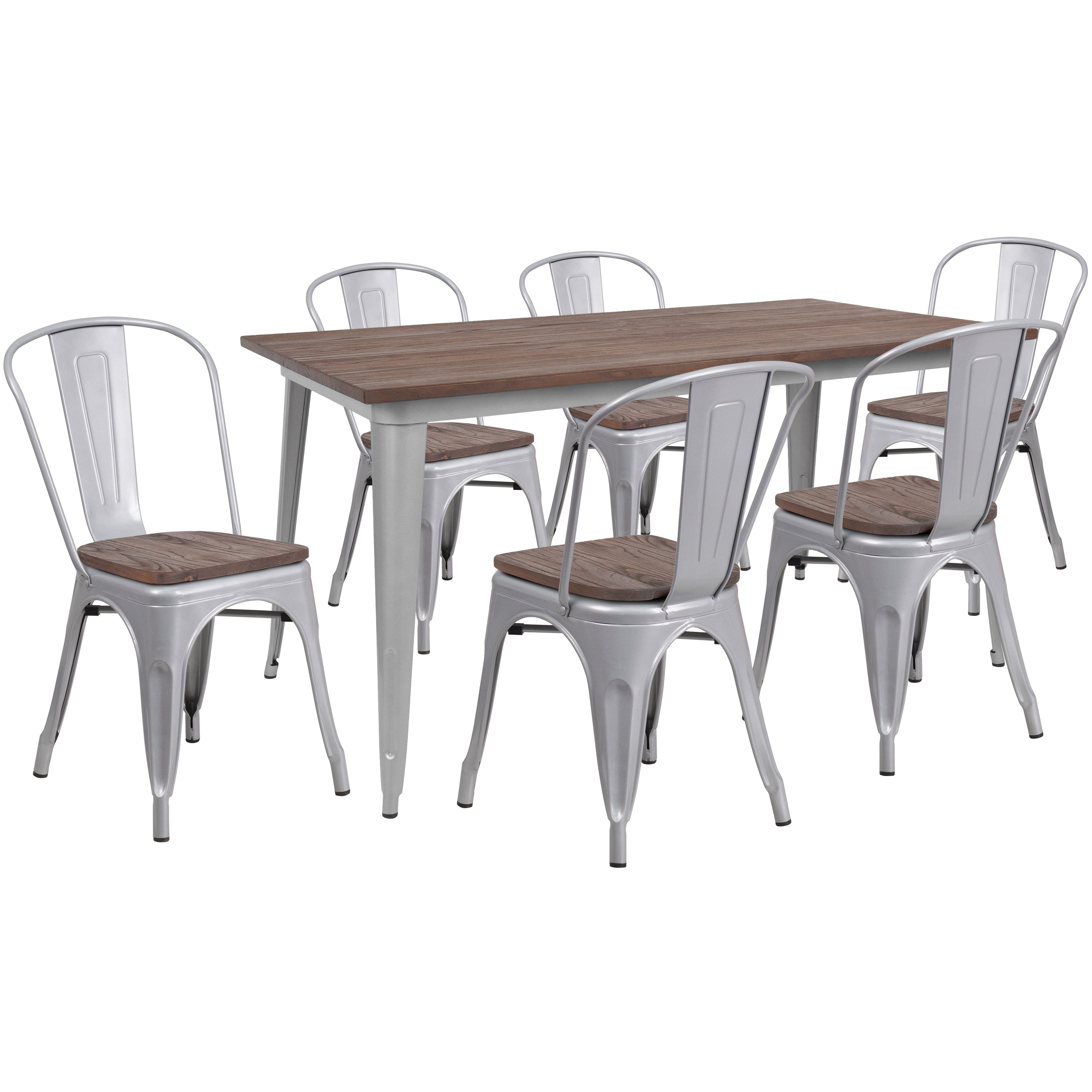 30.25" x 60" Metal Table Set with Wood Top and 6 Stack Chairs-Metal/ Colorful Table and Chair Set-Flash Furniture-Wall2Wall Furnishings