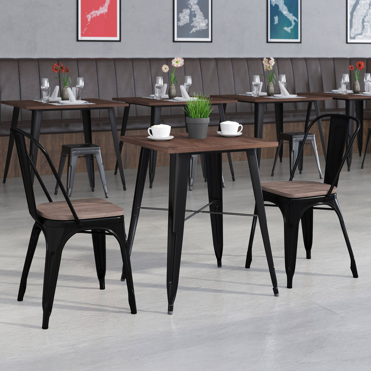 23.5" Square Metal Table Set with Wood Top and 2 Stack Chairs