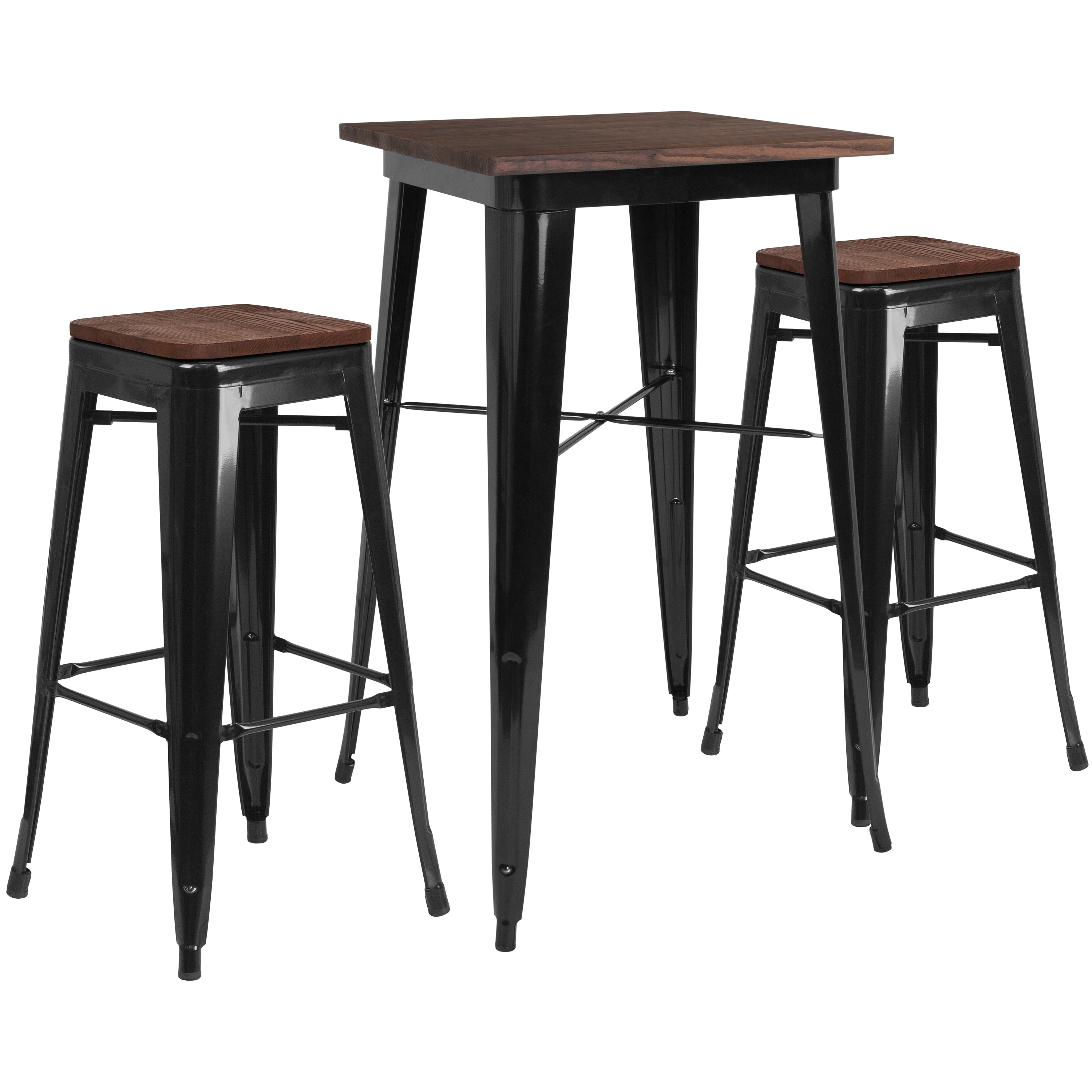 23.5" Square Metal Bar Table Set with Wood Top and 2 Backless Stools-Metal/ Colorful Bar Table and Stool Set-Flash Furniture-Wall2Wall Furnishings