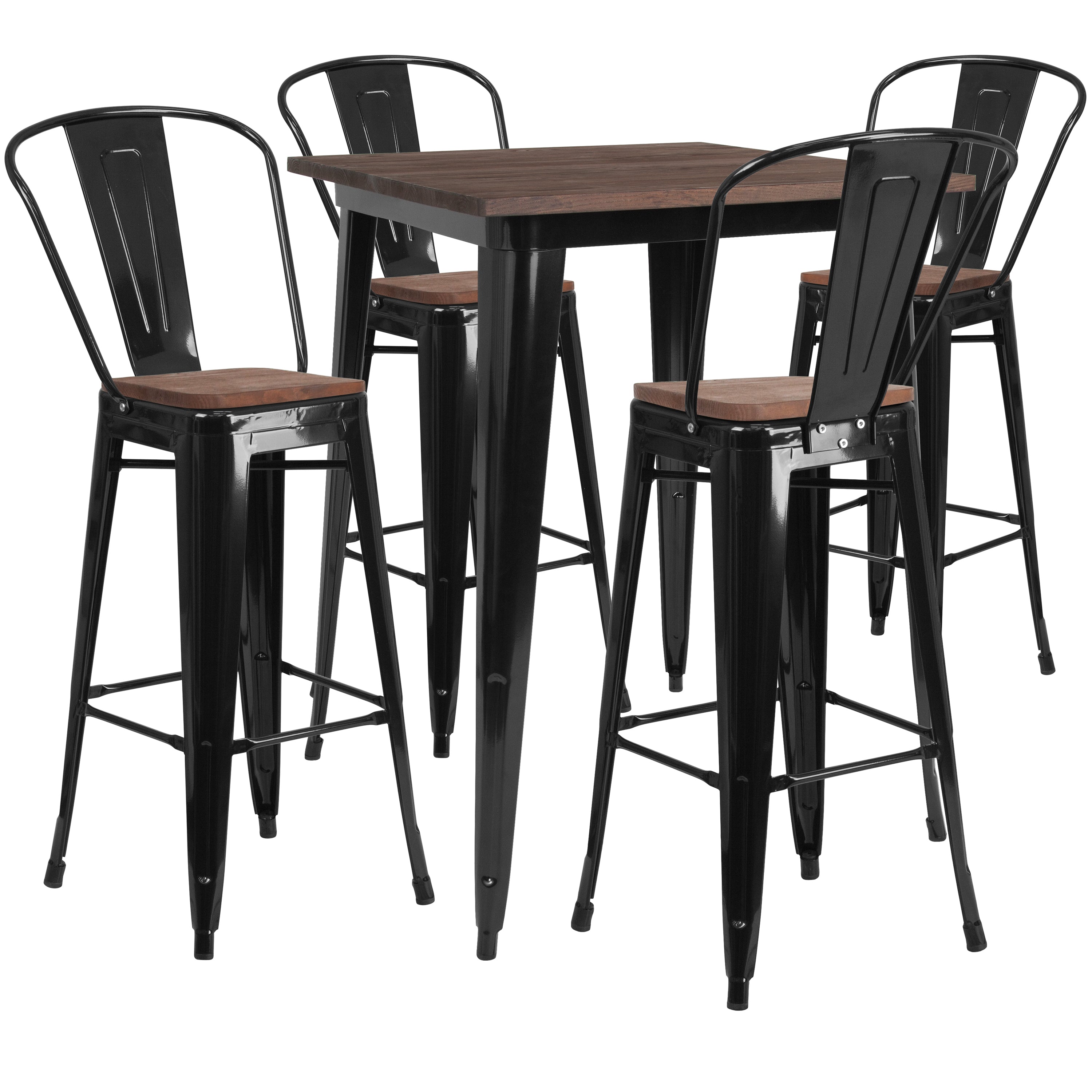 31.5" Square Metal Bar Table Set with Wood Top and 4 Stools-Metal/ Colorful Bar Table and Stool Set-Flash Furniture-Wall2Wall Furnishings