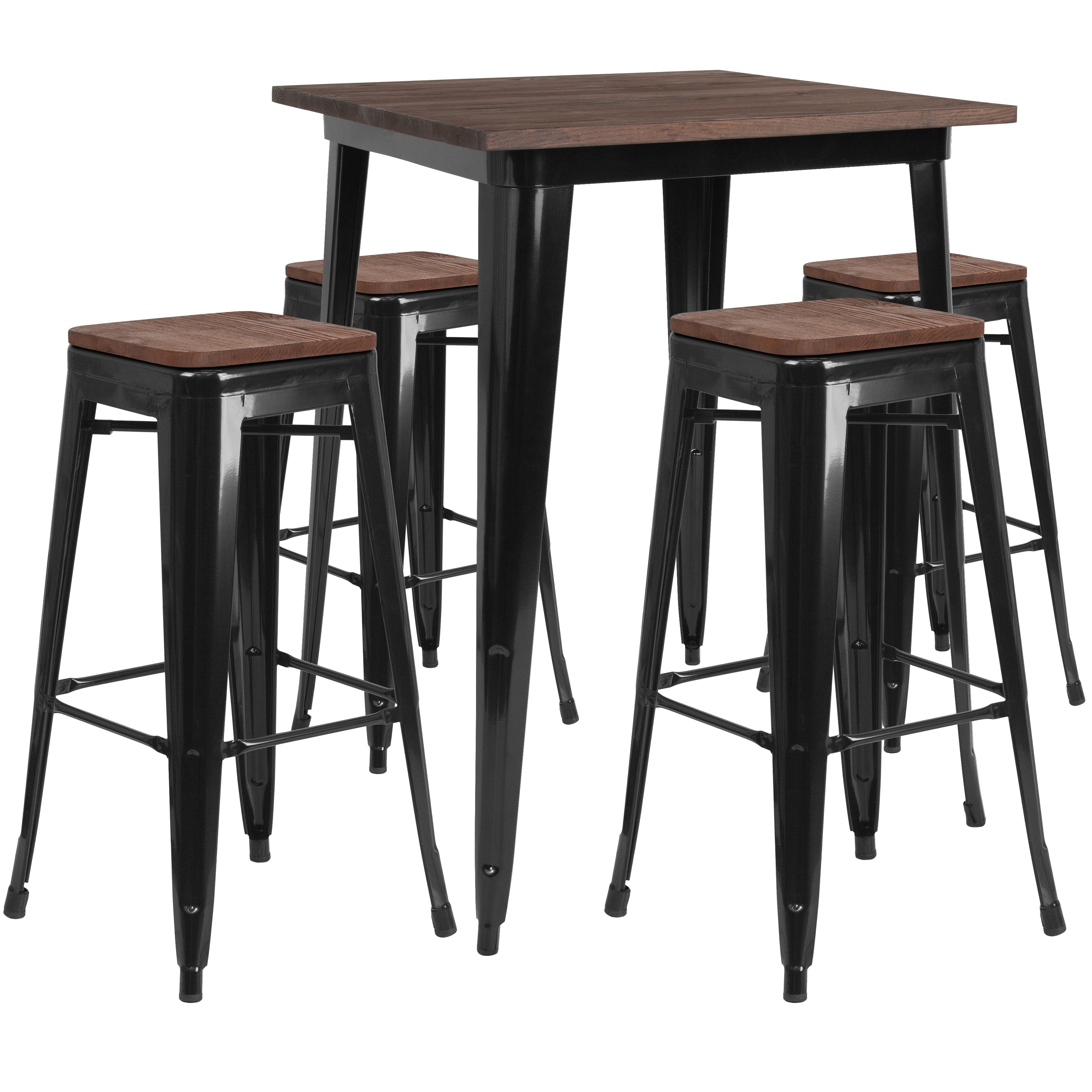 31.5" Square Metal Bar Table Set with Wood Top and 4 Backless Stools-Metal/ Colorful Bar Table and Stool Set-Flash Furniture-Wall2Wall Furnishings
