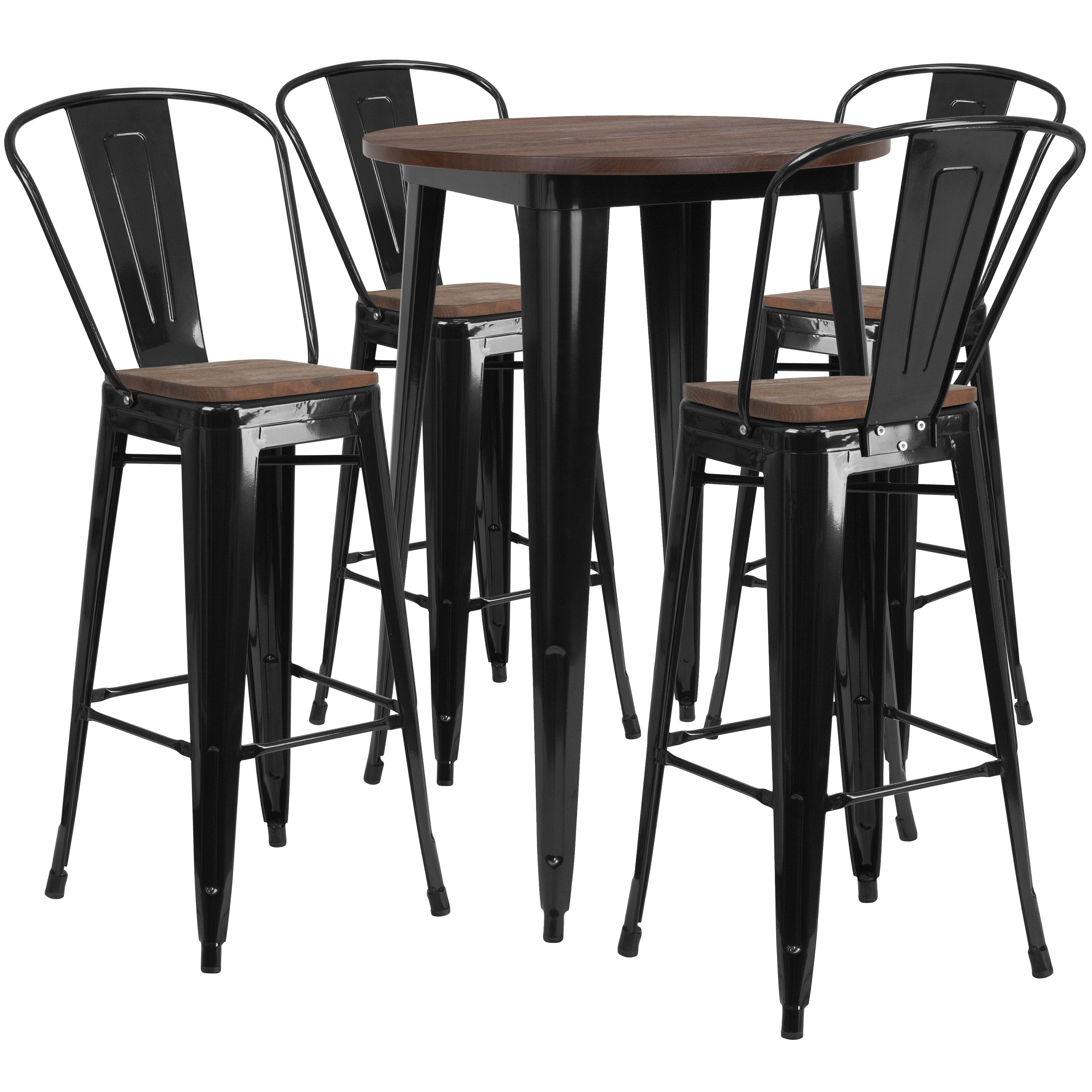 30" Round Metal Bar Table Set with Wood Top and 4 Stools-Metal/ Colorful Bar Table and Stool Set-Flash Furniture-Wall2Wall Furnishings