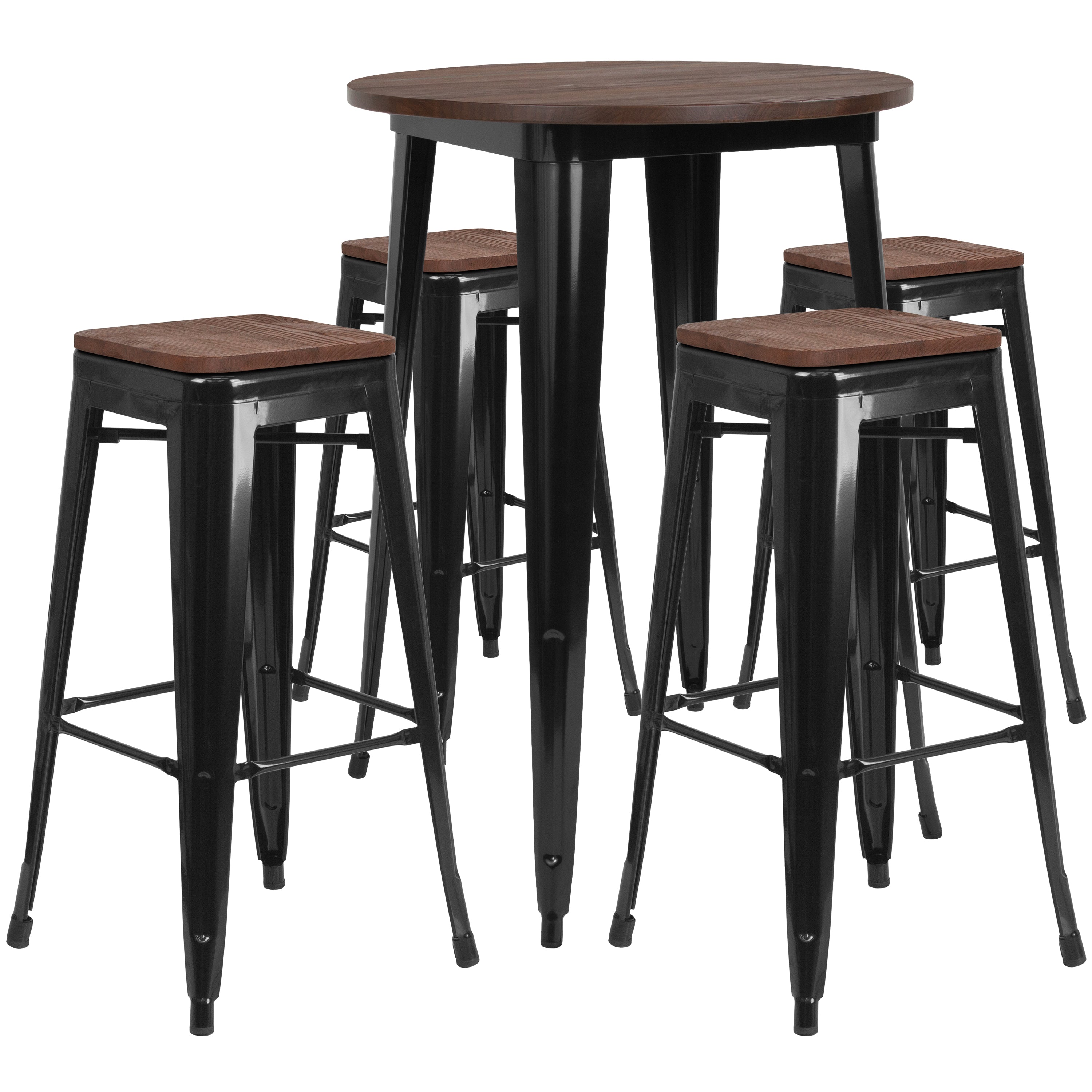 30" Round Metal Bar Table Set with Wood Top and 4 Backless Stools-Metal/ Colorful Bar Table and Stool Set-Flash Furniture-Wall2Wall Furnishings