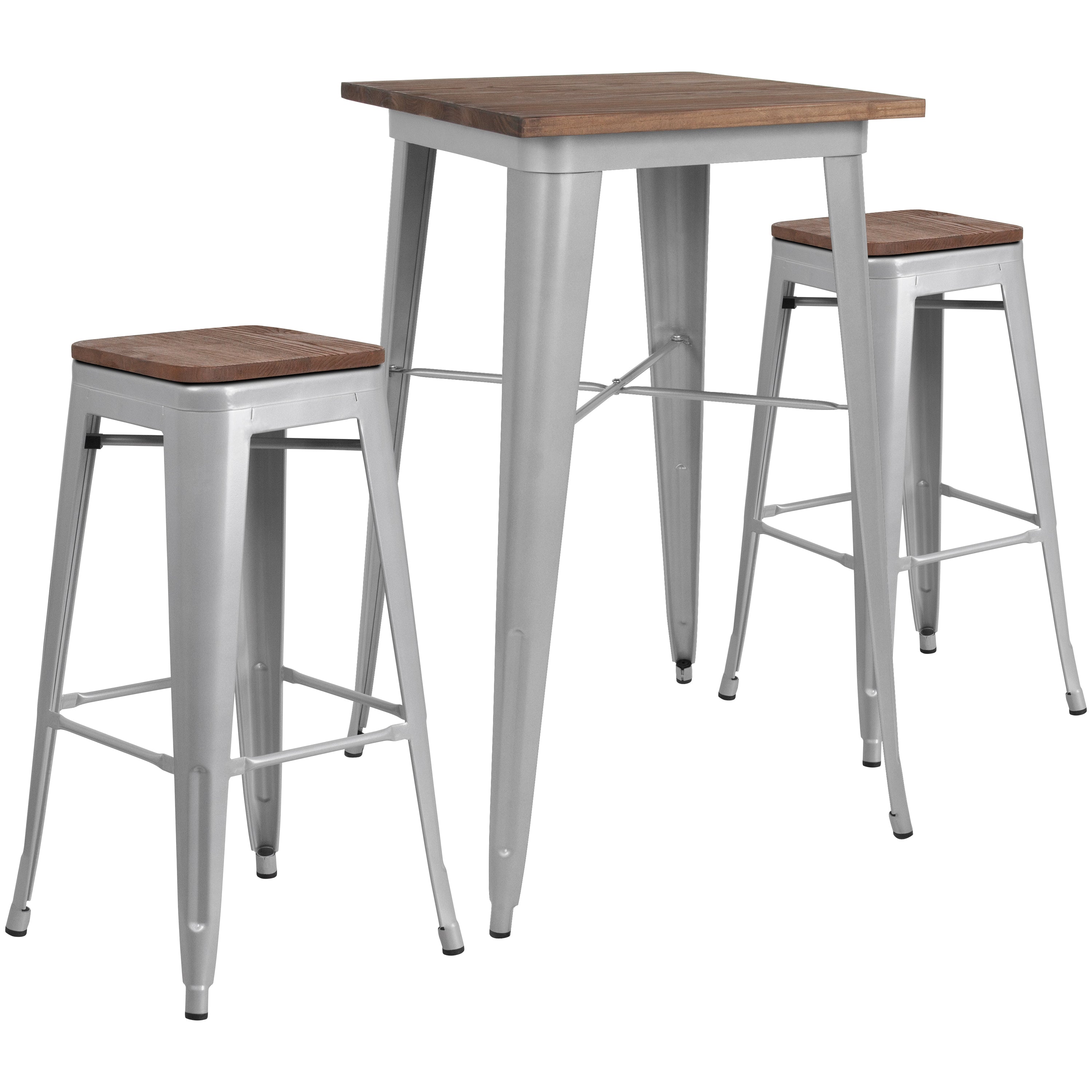 23.5" Square Metal Bar Table Set with Wood Top and 2 Backless Stools-Metal/ Colorful Bar Table and Stool Set-Flash Furniture-Wall2Wall Furnishings