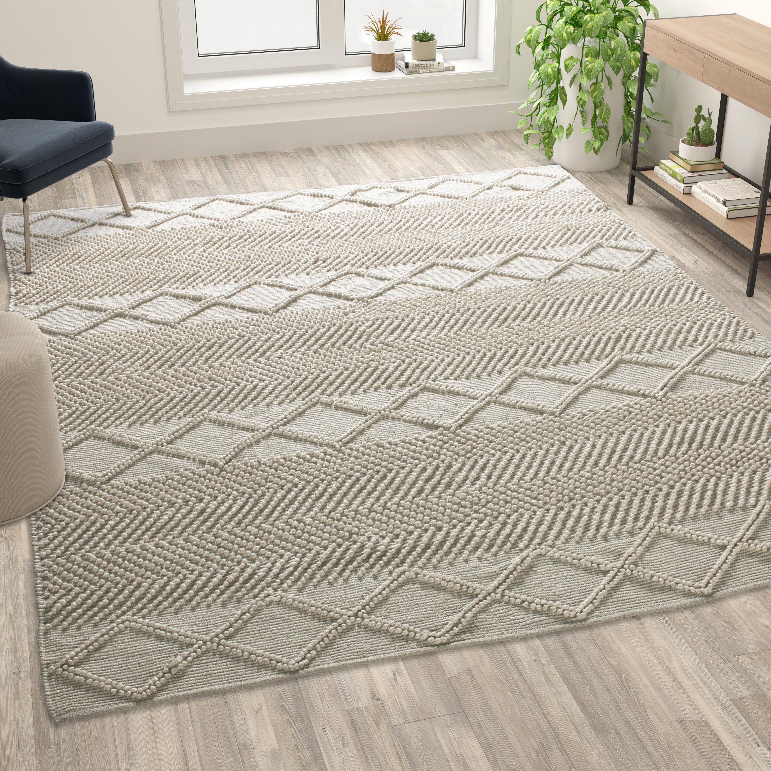 Geometric Design Handwoven Area Rug - Wool/Polyester/Cotton Blend