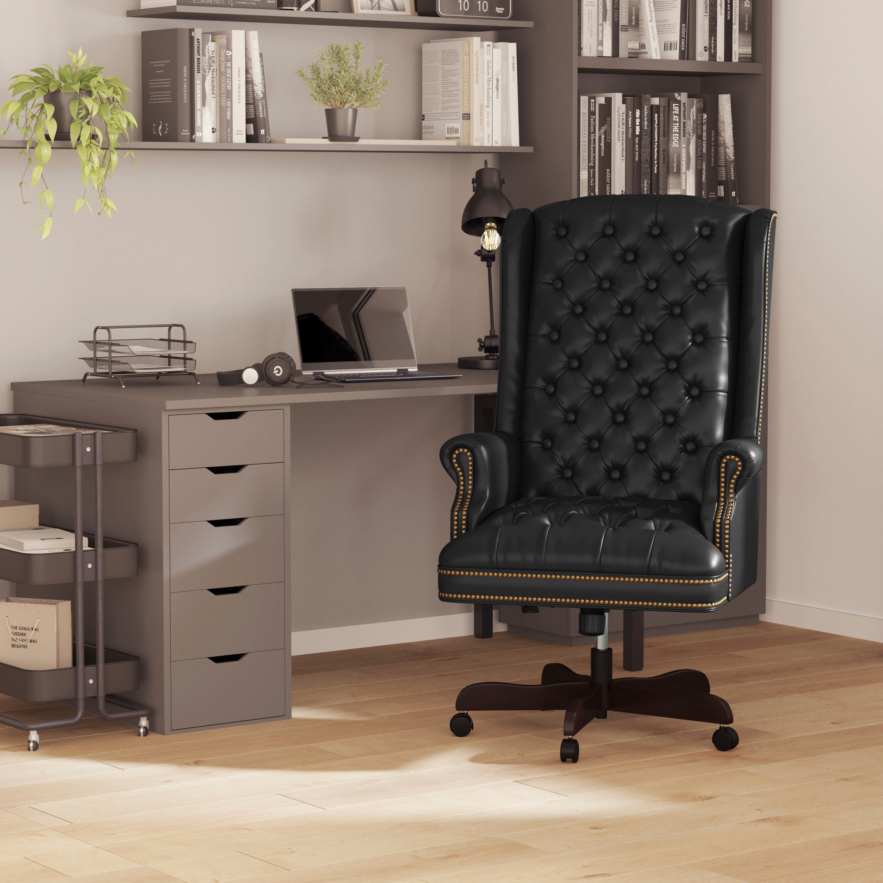 High Back Traditional Fully Tufted LeatherSoft Executive Swivel Ergonomic Office Chair with Arms
