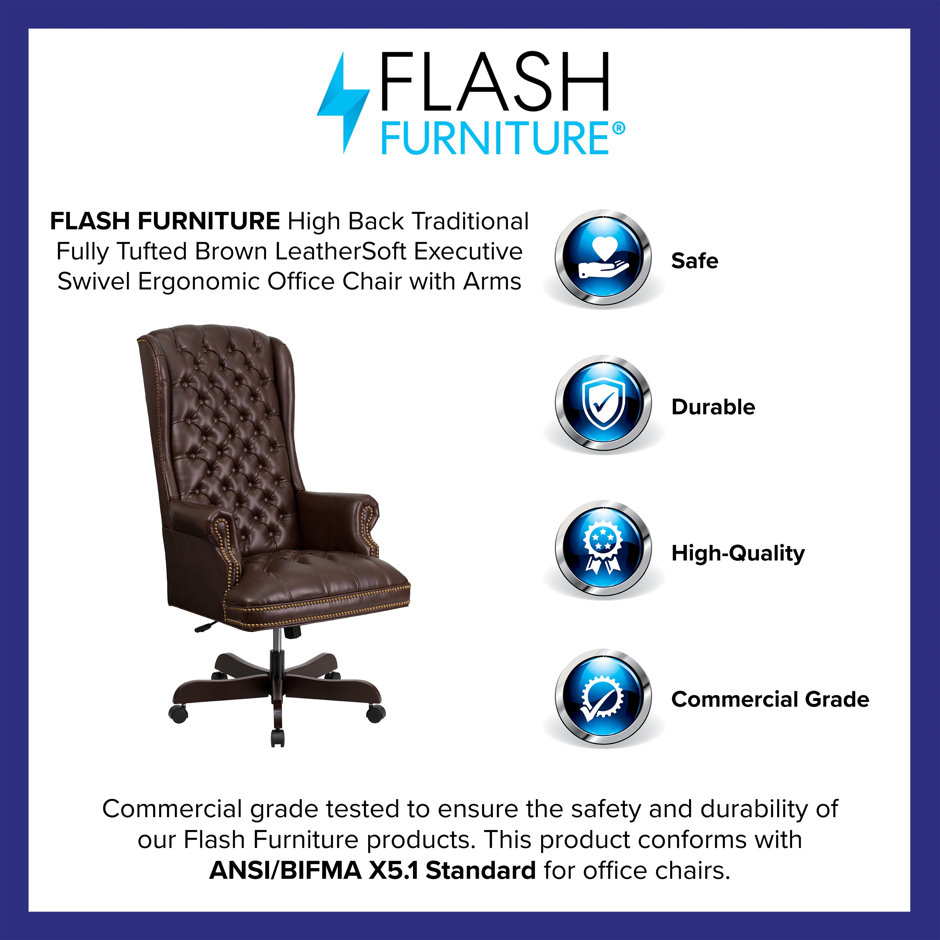 High Back Traditional Fully Tufted LeatherSoft Executive Swivel Ergonomic Office Chair with Arms