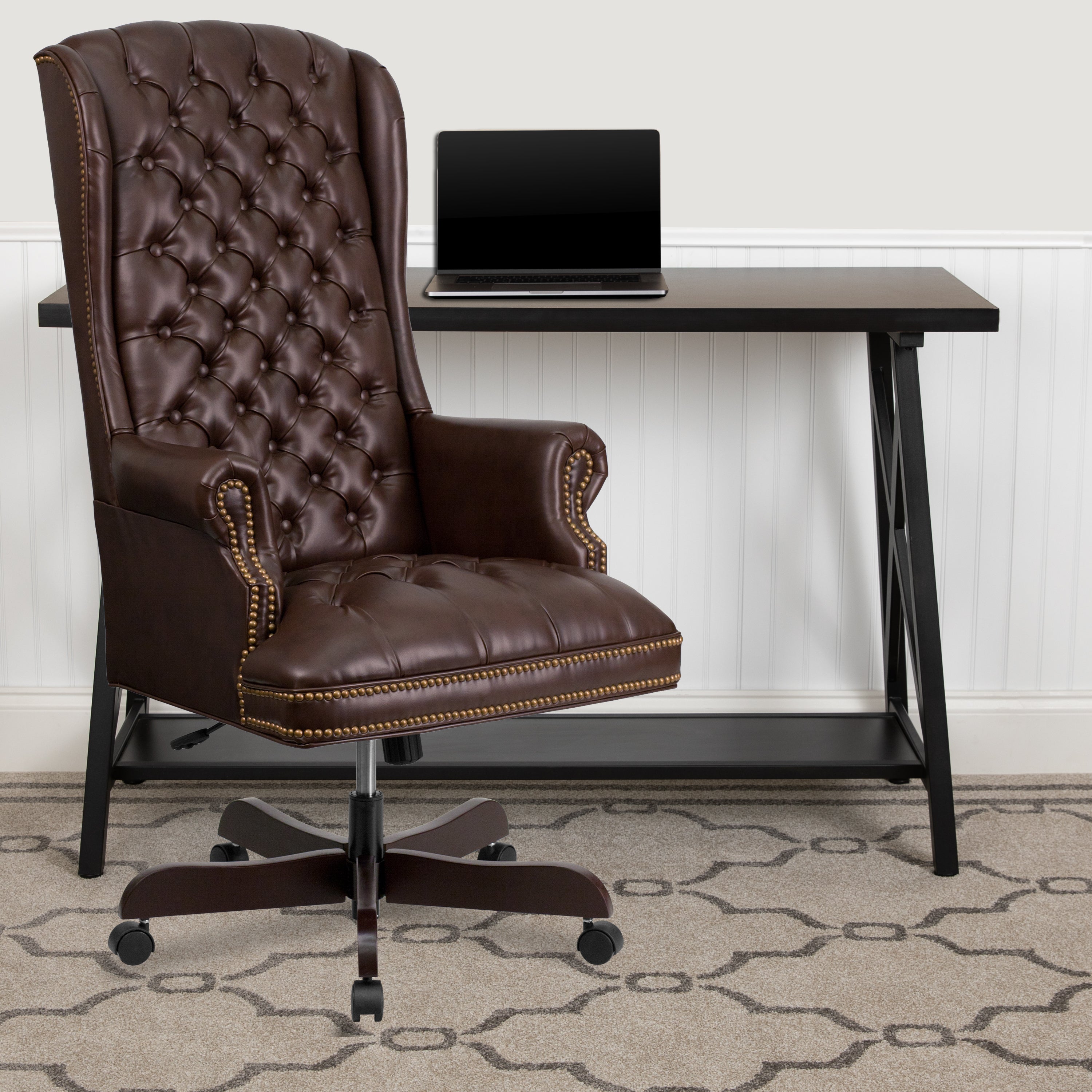 High Back Traditional Fully Tufted LeatherSoft Executive Swivel Ergonomic Office Chair with Arms