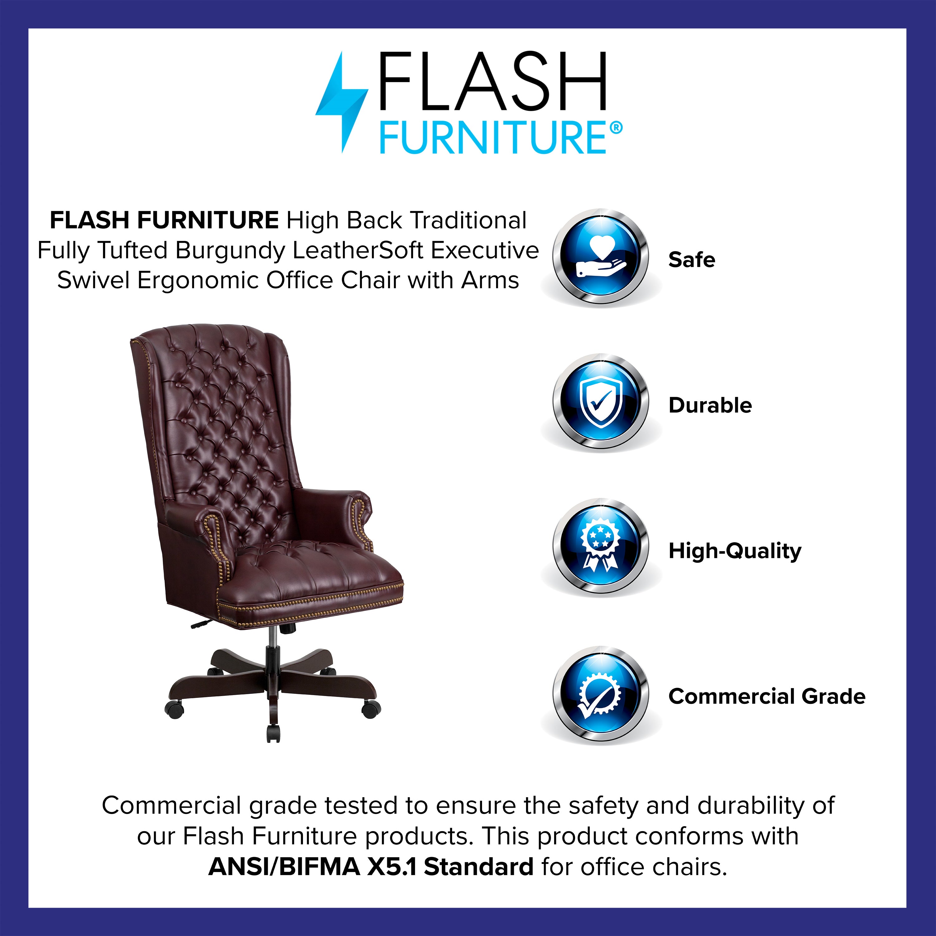 High Back Traditional Fully Tufted LeatherSoft Executive Swivel Ergonomic Office Chair with Arms