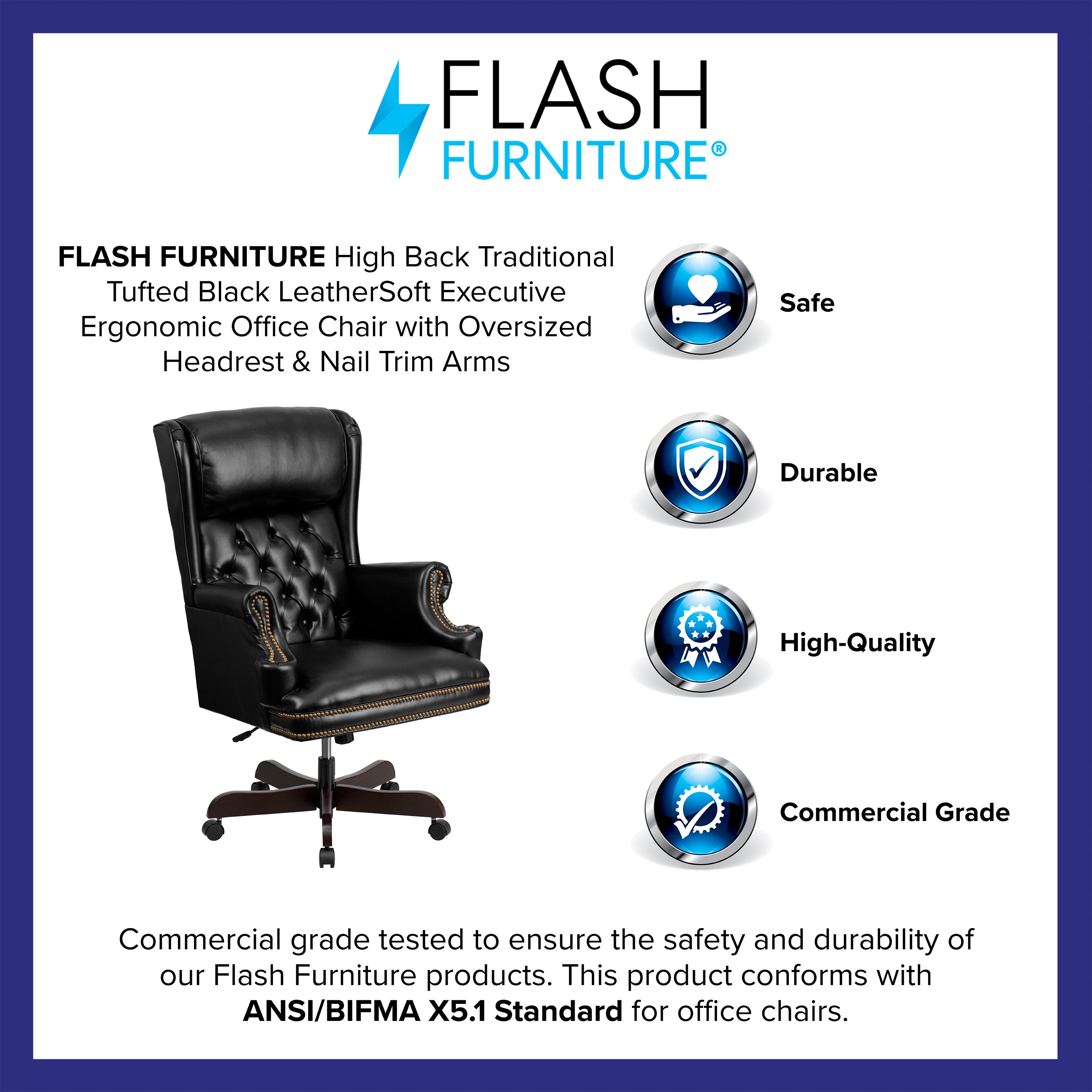 High Back Traditional Tufted LeatherSoft Executive Swivel Ergonomic Office Chair with Oversized Headrest and Nail Trim Arms-Office Chair-Flash Furniture-Wall2Wall Furnishings