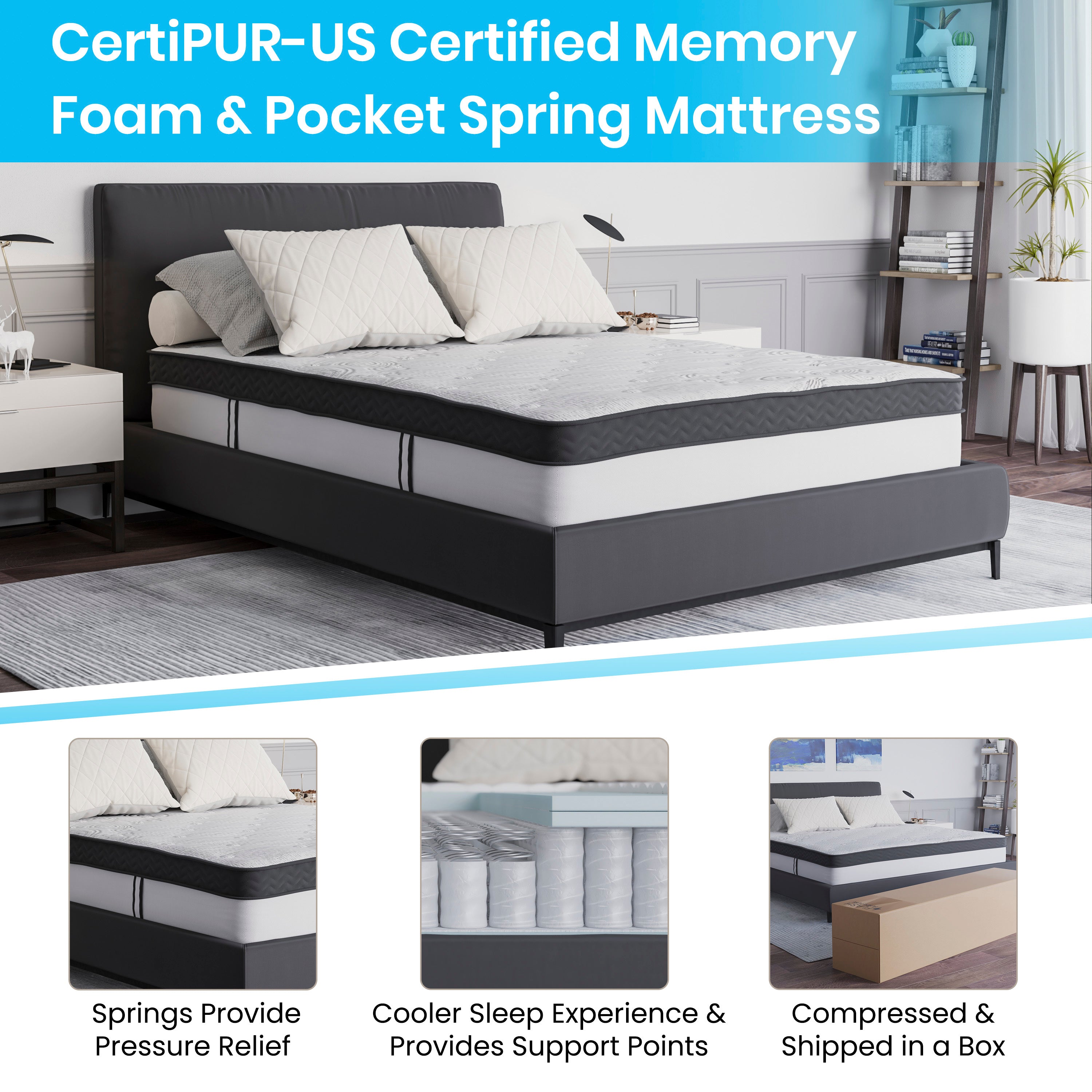 Capri Comfortable Sleep 12 Inch CertiPUR-US Certified Memory Foam & Pocket Spring Mattress, Mattress in a Box-Mattress-Flash Furniture-Wall2Wall Furnishings