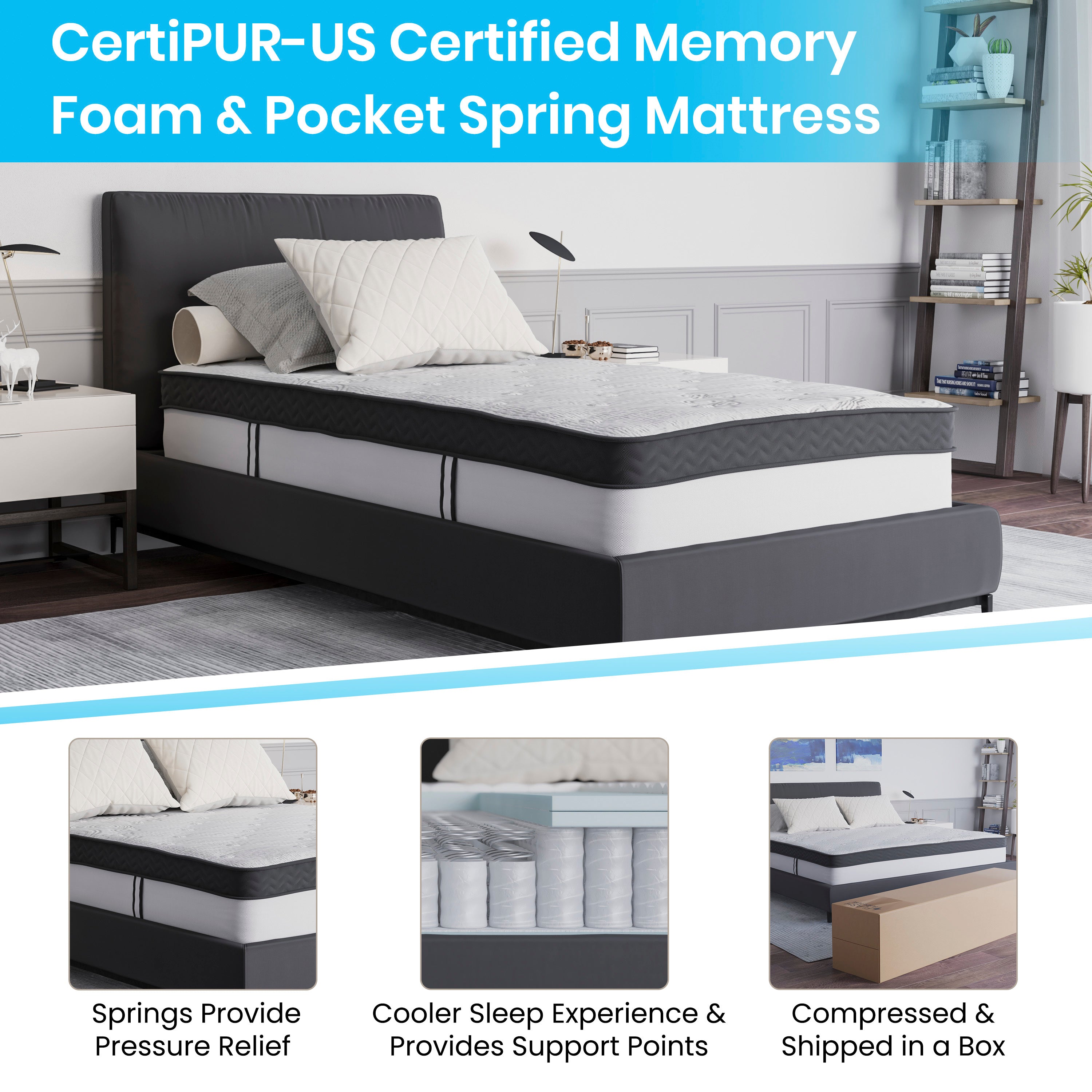 Capri Comfortable Sleep 12 Inch CertiPUR-US Certified Memory Foam & Pocket Spring Mattress, Mattress in a Box-Mattress-Flash Furniture-Wall2Wall Furnishings