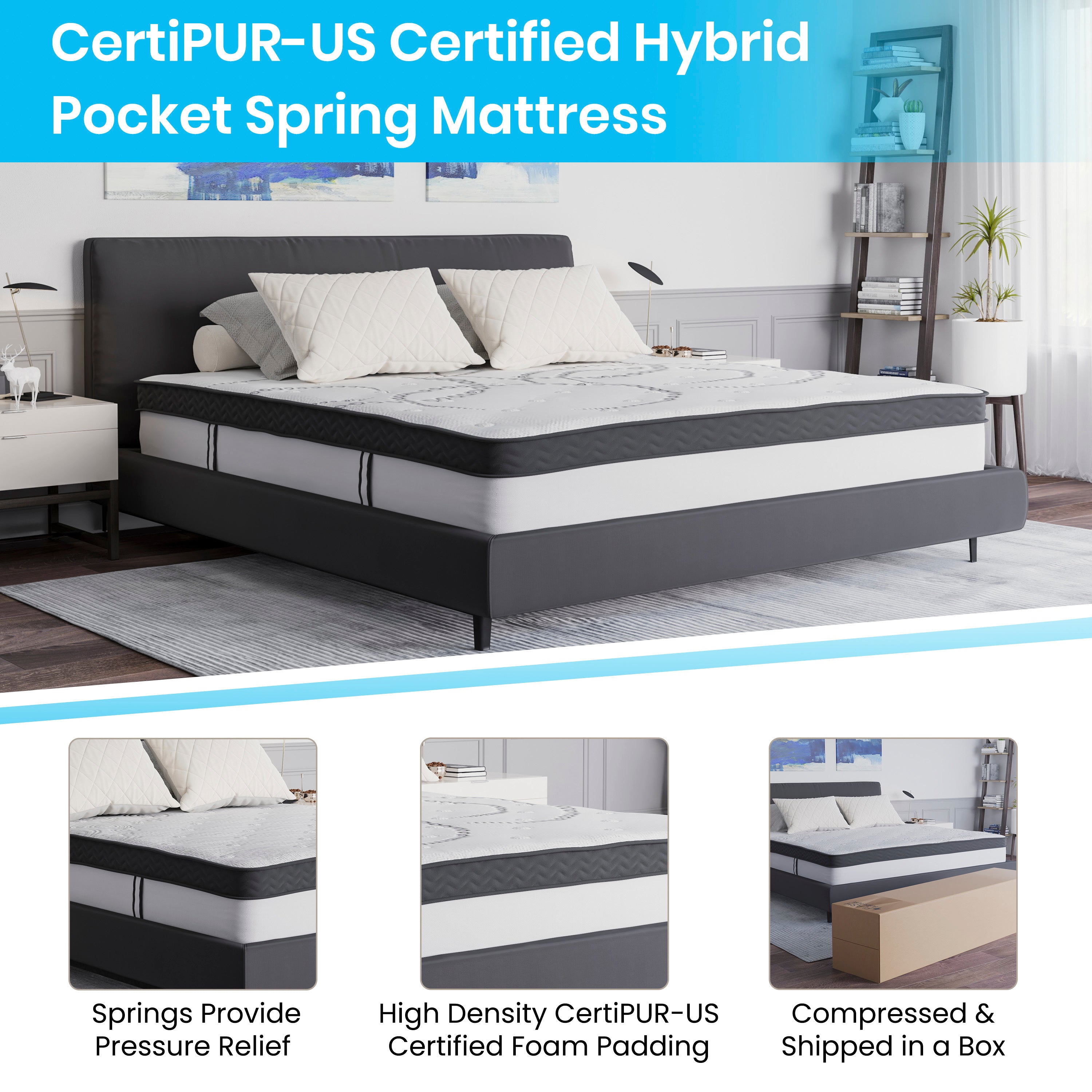 Capri Comfortable Sleep 12 Inch CertiPUR-US Certified Hybrid Pocket Spring Mattress, Mattress in a Box-Mattress-Flash Furniture-Wall2Wall Furnishings