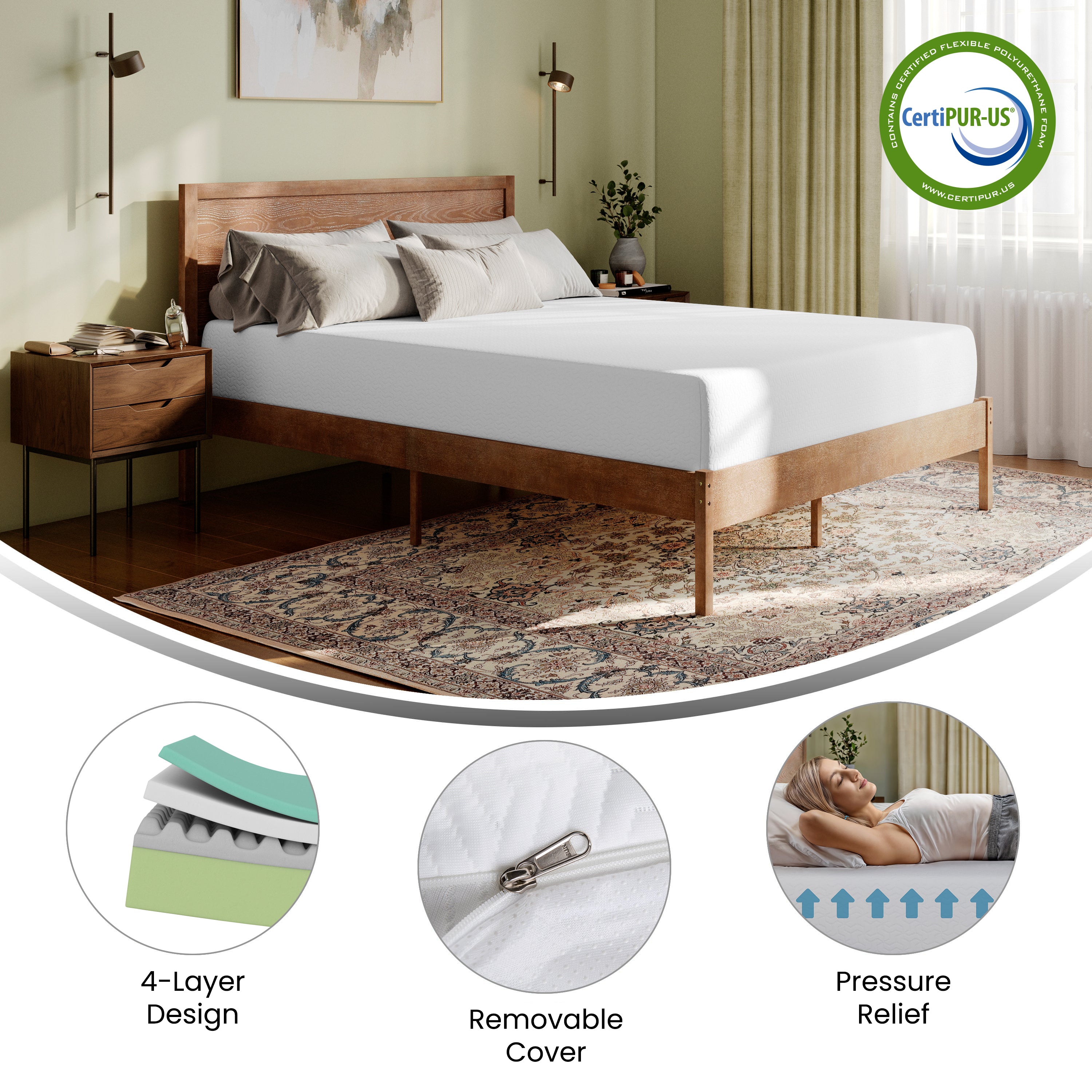 Cloud Green Tea Cooling Gel 4-Layer Memory Foam Mattress in a Box with CertiPUR-US Certification, Washable Cover, and Pressure Relief