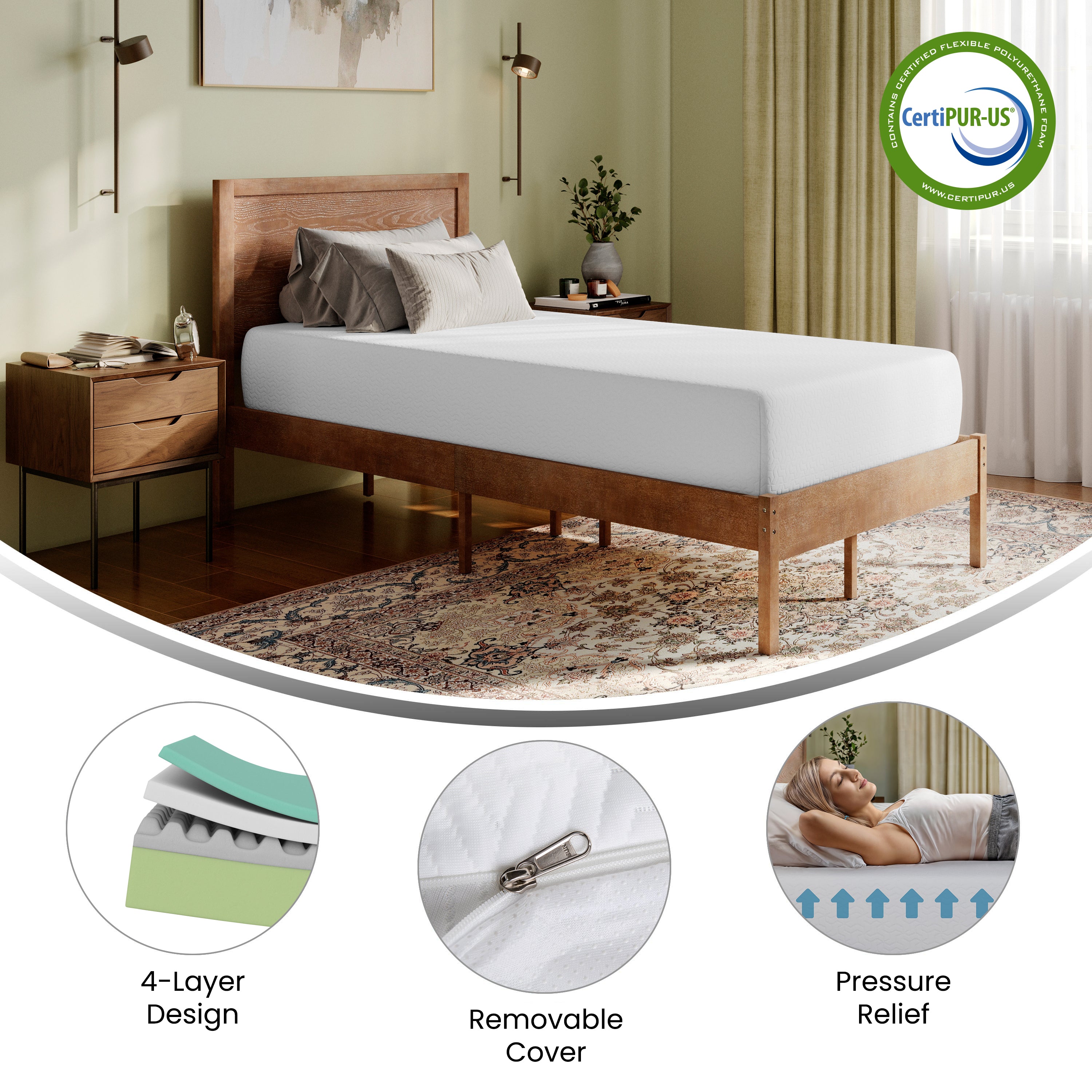 Cloud Green Tea Cooling Gel 4-Layer Memory Foam Mattress in a Box with CertiPUR-US Certification, Washable Cover, and Pressure Relief