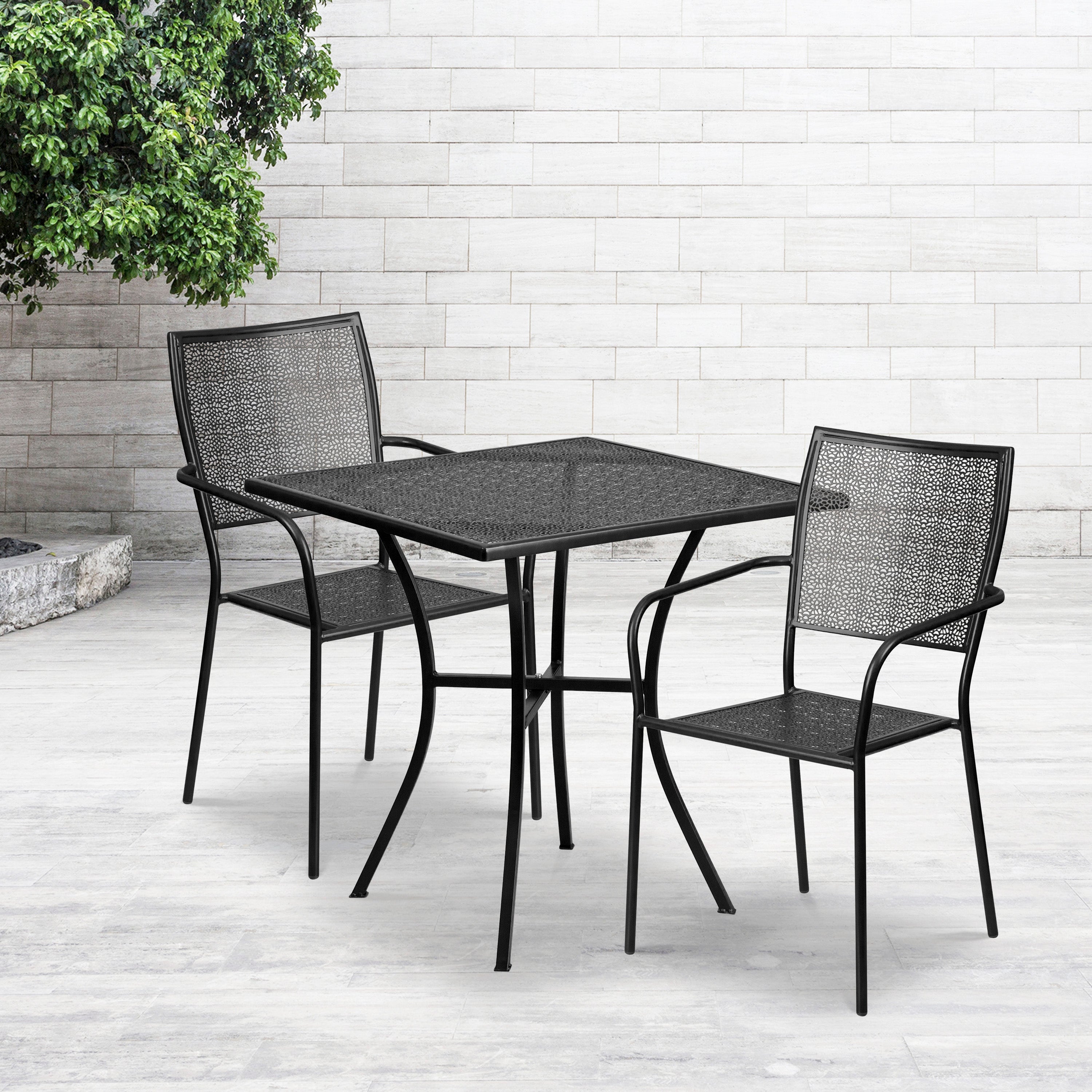 Oia Commercial Grade 28" Square Indoor-Outdoor Steel Patio Table Set with 2 Square Back Chairs-Indoor/Outdoor Dining Sets-Flash Furniture-Wall2Wall Furnishings
