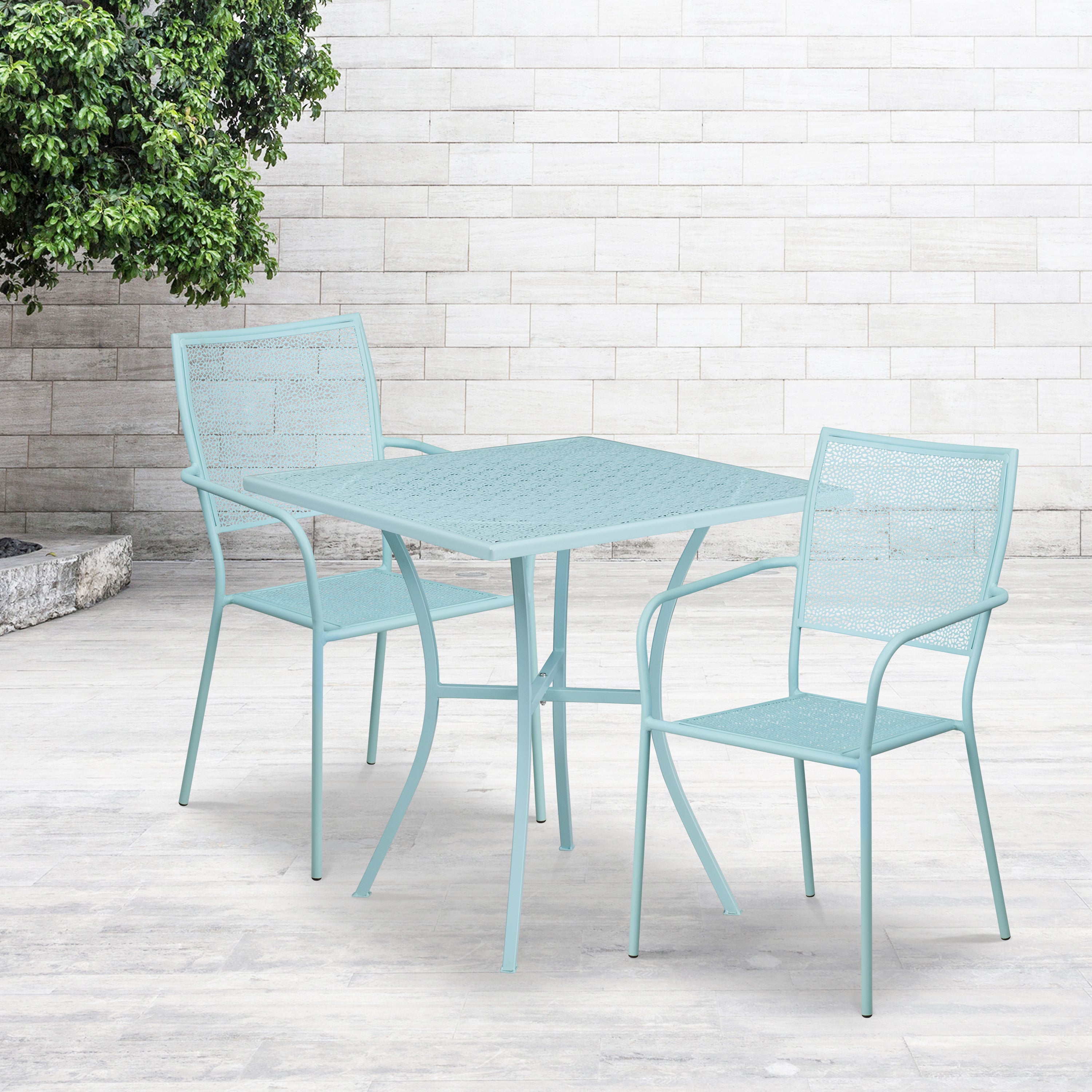 Oia Commercial Grade 28" Square Indoor-Outdoor Steel Patio Table Set with 2 Square Back Chairs-Indoor/Outdoor Dining Sets-Flash Furniture-Wall2Wall Furnishings
