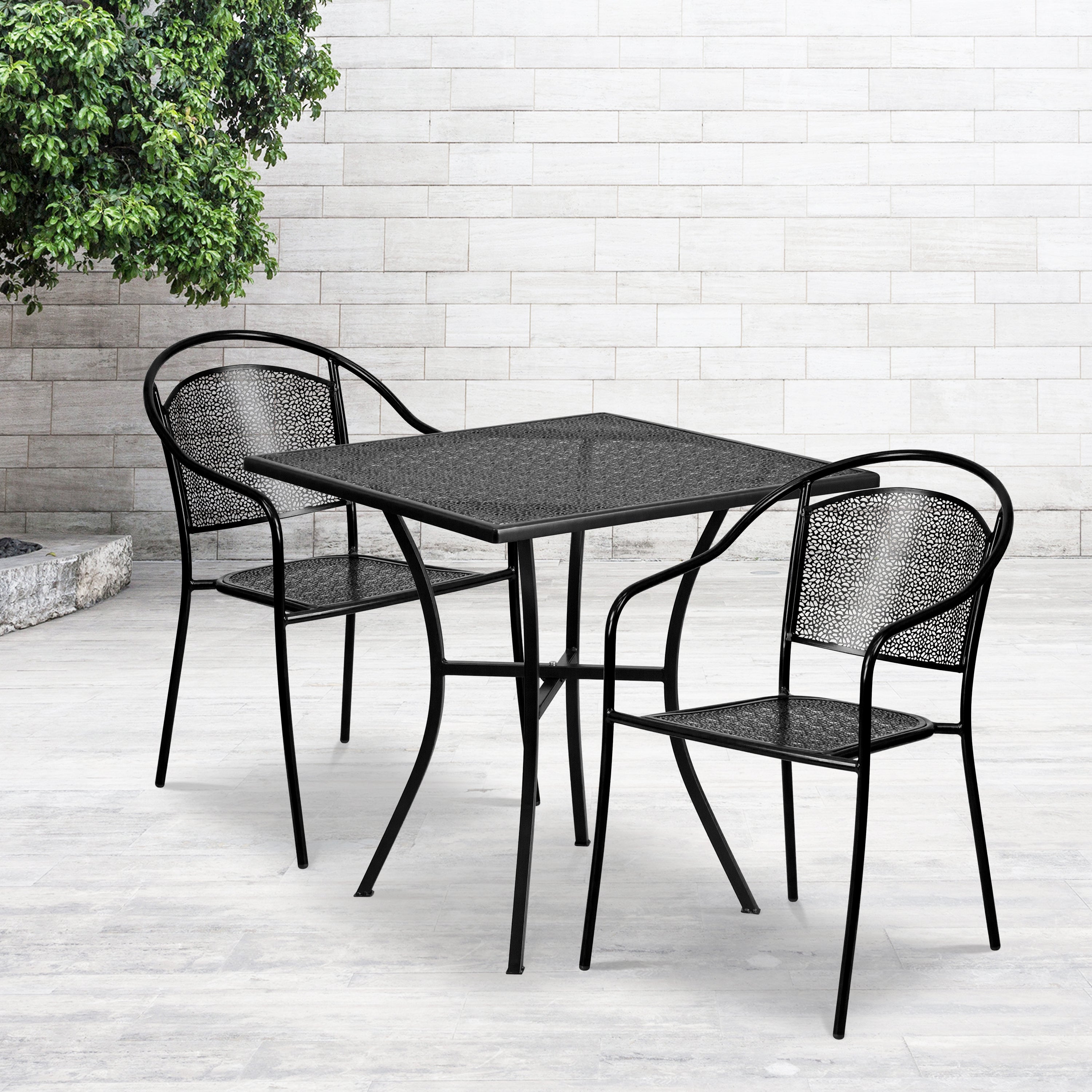 Oia Commercial Grade 28" Square Indoor-Outdoor Steel Patio Table Set with 2 Round Back Chairs-Indoor/Outdoor Dining Sets-Flash Furniture-Wall2Wall Furnishings