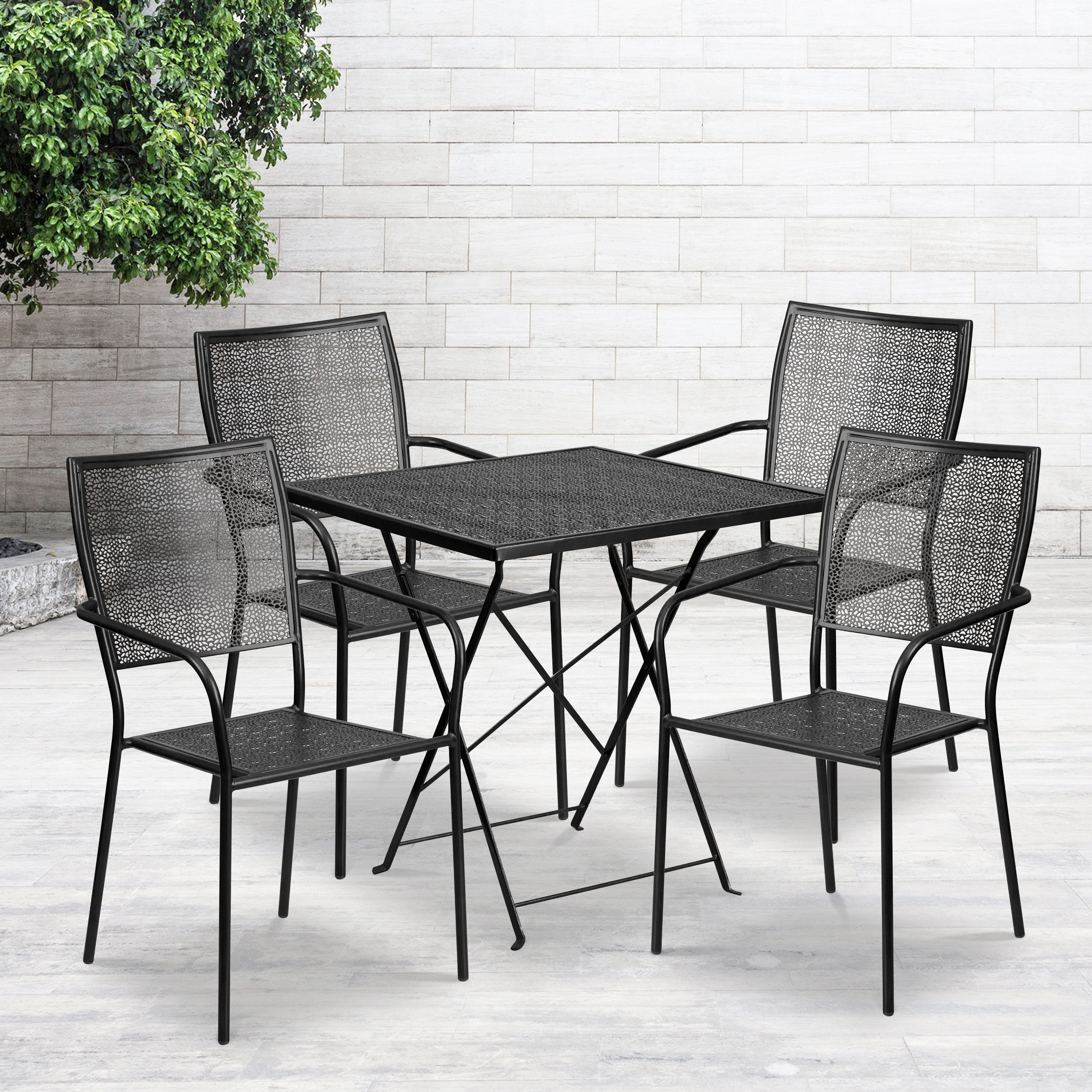 Oia Commercial Grade 28" Square Indoor-Outdoor Steel Folding Patio Table Set with 4 Square Back Chairs-Indoor/Outdoor Dining Sets-Flash Furniture-Wall2Wall Furnishings