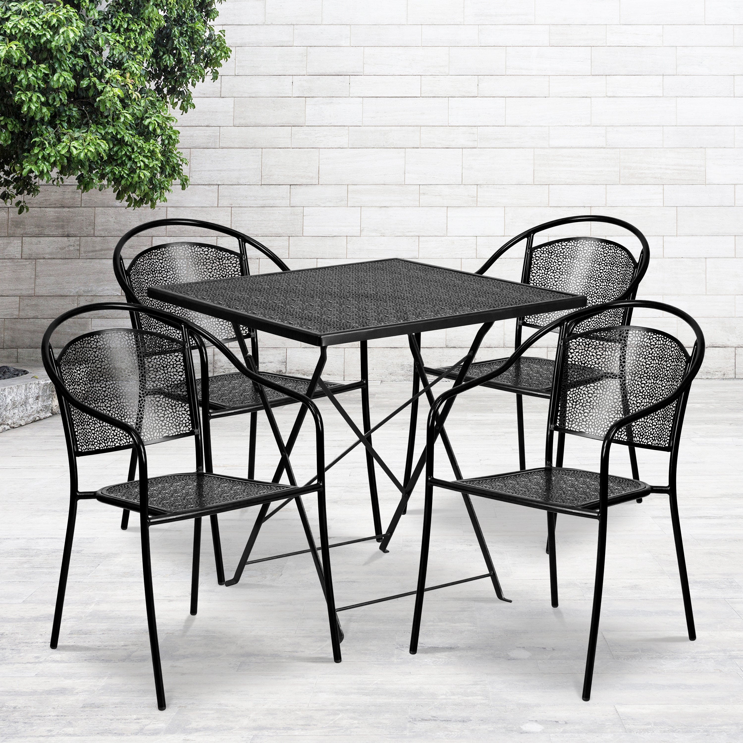 Oia Commercial Grade 28" Square Indoor-Outdoor Steel Folding Patio Table Set with 4 Round Back Chairs-Indoor/Outdoor Dining Sets-Flash Furniture-Wall2Wall Furnishings