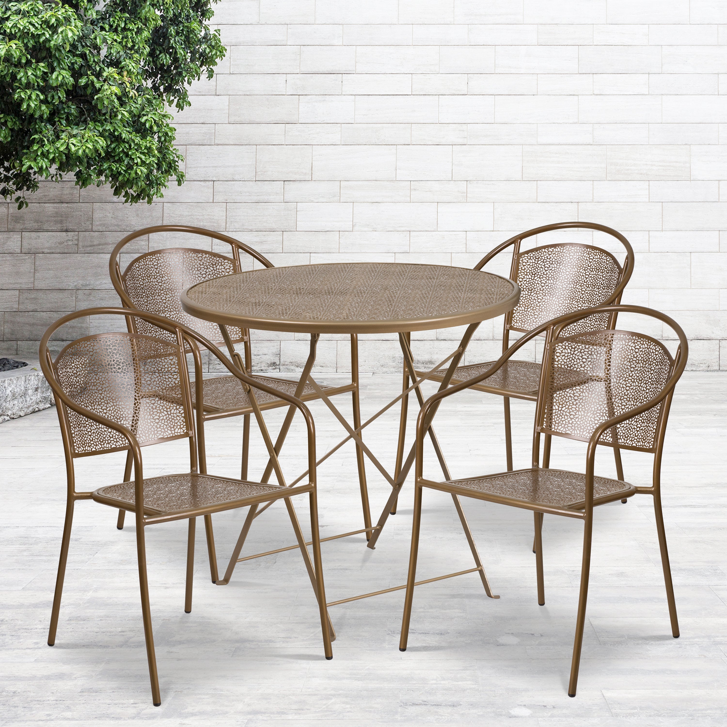 Oia Commercial Grade 30" Round Indoor-Outdoor Steel Folding Patio Table Set with 4 Round Back Chairs-Indoor/Outdoor Dining Sets-Flash Furniture-Wall2Wall Furnishings