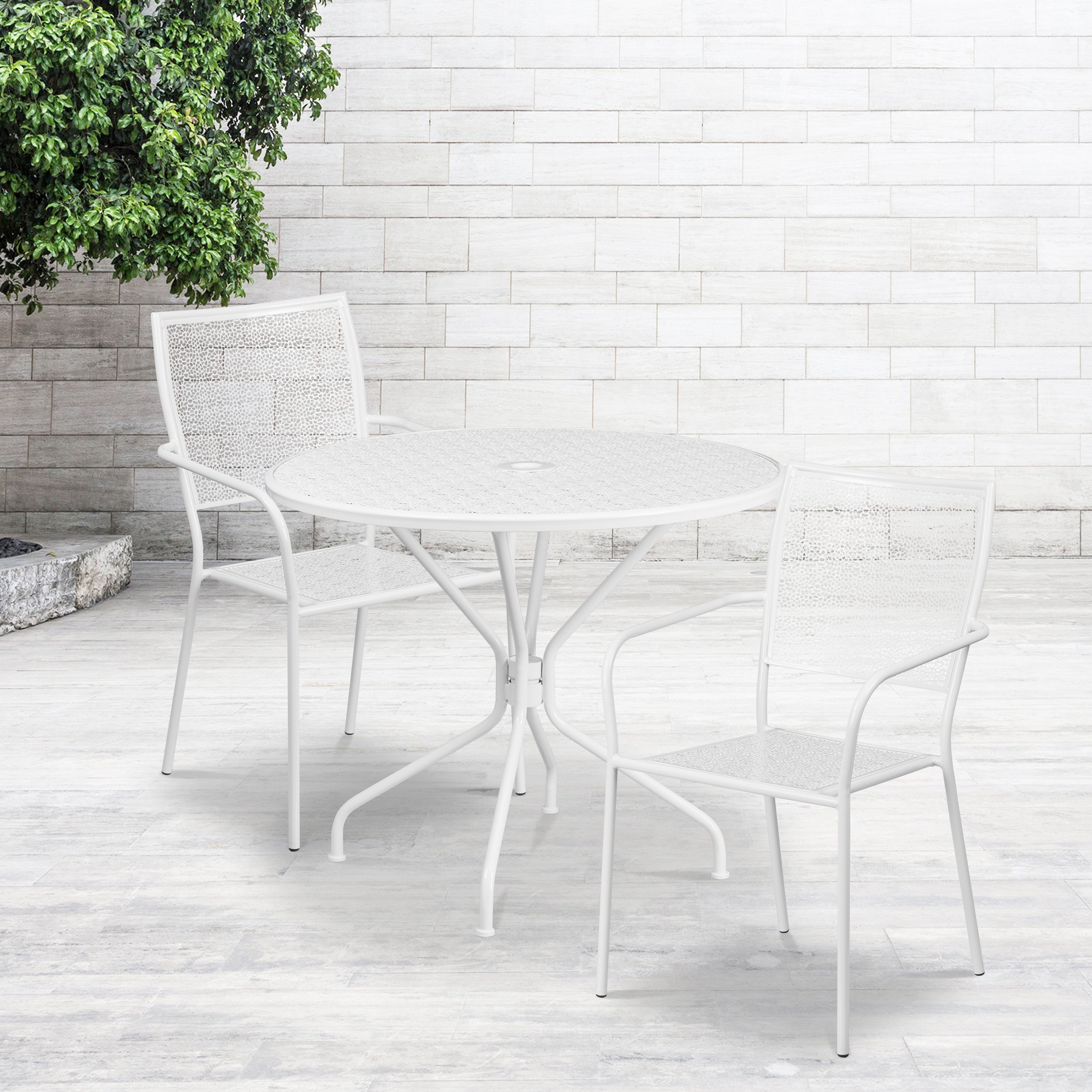 Oia Commercial Grade 35.25" Round Indoor-Outdoor Steel Patio Table Set with 2 Square Back Chairs-Indoor/Outdoor Dining Sets-Flash Furniture-Wall2Wall Furnishings