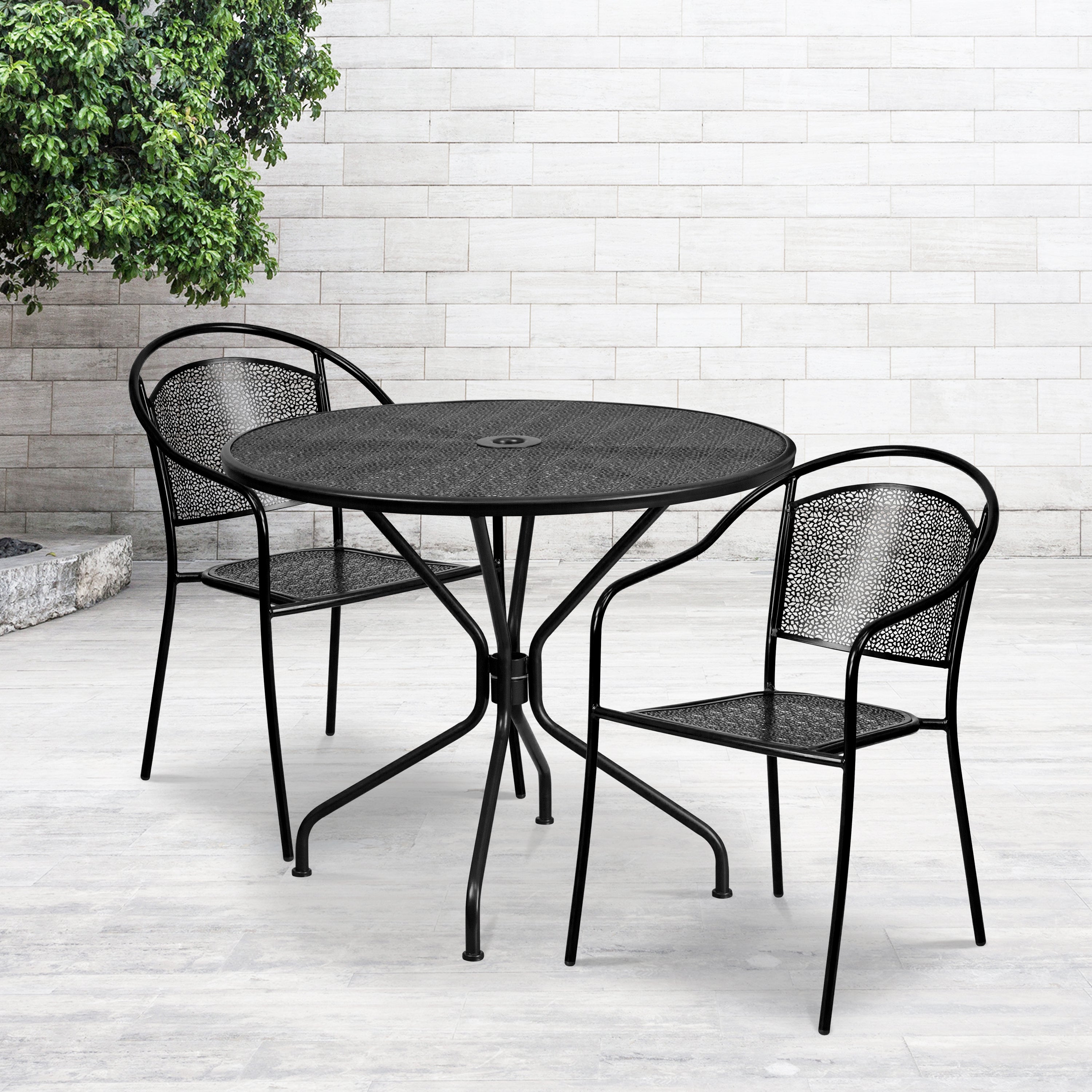 Oia Commercial Grade 35.25" Round Indoor-Outdoor Steel Patio Table Set with 2 Round Back Chairs-Indoor/Outdoor Dining Sets-Flash Furniture-Wall2Wall Furnishings