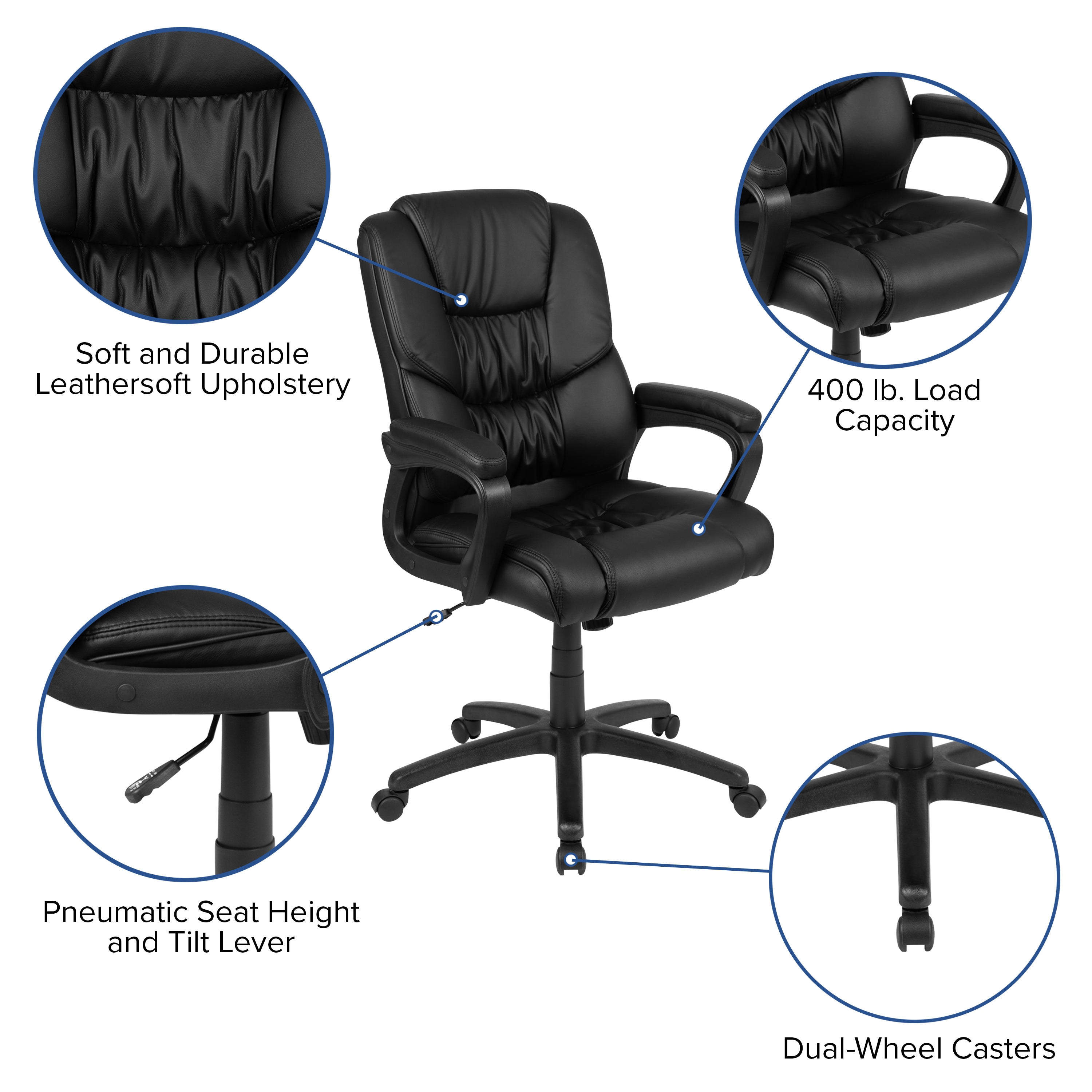 Flash Fundamentals Big & Tall 400 lb. Rated LeatherSoft Swivel Office Chair with Padded Arms