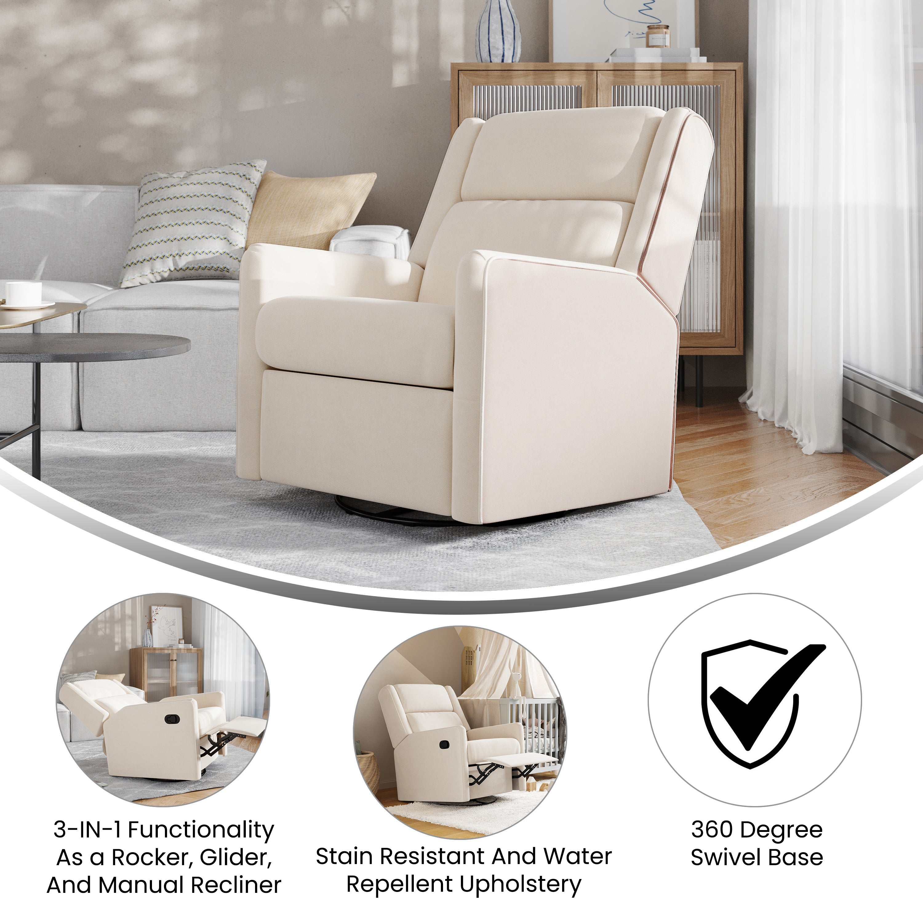 Cash Swivel Glider Rocker Recliner Chair, Manual 360 Degree Swivel Recliner Perfect for Living Room, Bedroom, or Nursery